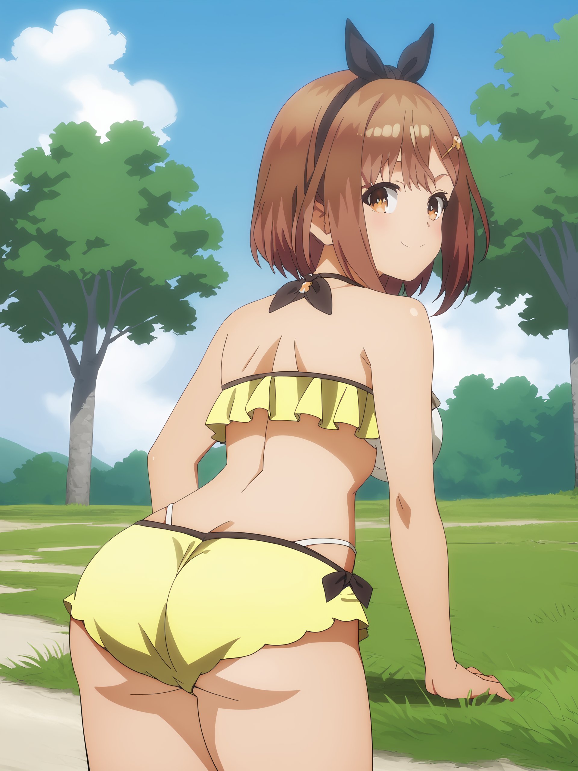 score_9, score_8_up, score_7_up, source_anime,anime screencap,anime coloring, official style, uncensored, outside, grass, trees, sky,<lora:Reisalin_Ryza_Stout:1>1girl, solo, Ryza, short hair, Brown hair, large breasts, hairclip, brown eyes, swimsuit, bikini, cleavage, hair ornament, 3/4 view from behind, thick thighs, looking back at the viewer, happy girl, smiling, bubble butt