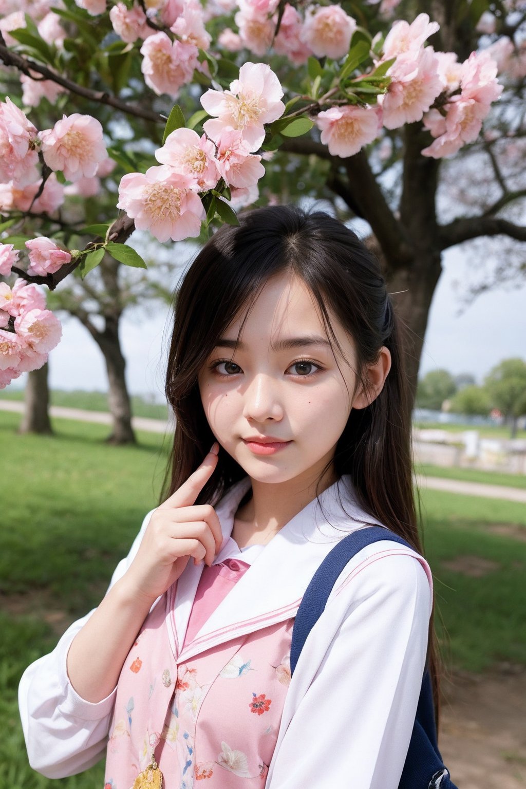 1girl,upper body,outdoor,school uniform,under the peach blossom tree with many flowers blooming again