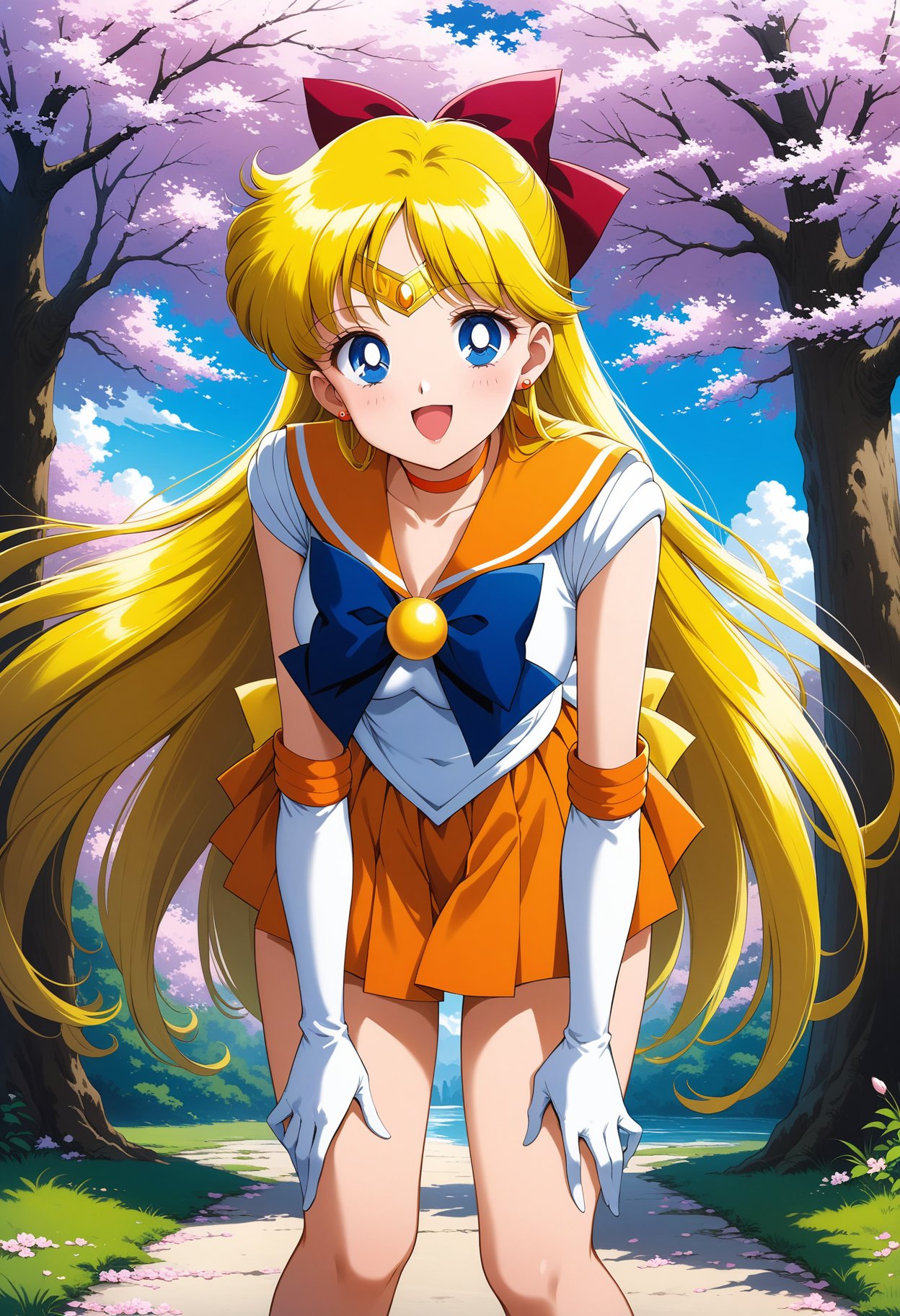 (masterpiece, best quality, very aesthetic, ultra detailed), intricate details, 4k, aavenus, long hair, blonde hair, hair bow, tiara, earrings, blue eyes, orange choker, orange sailor collar, blue bowtie, white shirt, elbow gloves, white gloves, pleated skirt, orange skirt, bare legs, <lora:sailor_venus_animaginexl_v2:0.9>, smile, open mouth, cherry blossoms, standing, cowboy shot, outdoors, leaning forward, hands on own thighs,