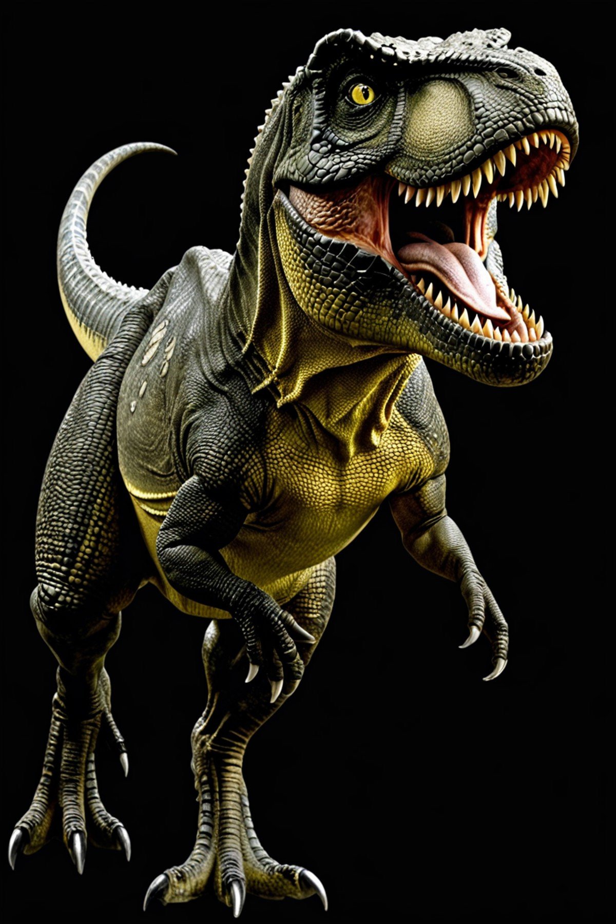 ((masterpiece, best quality)), high resolution, 32k picture, realistic,    zzTrex, solo, therapod, open mouth, yellow eyes, black background, scales, kaijuu   ,<lora:Trex_Dinosaur_XL:0.7>