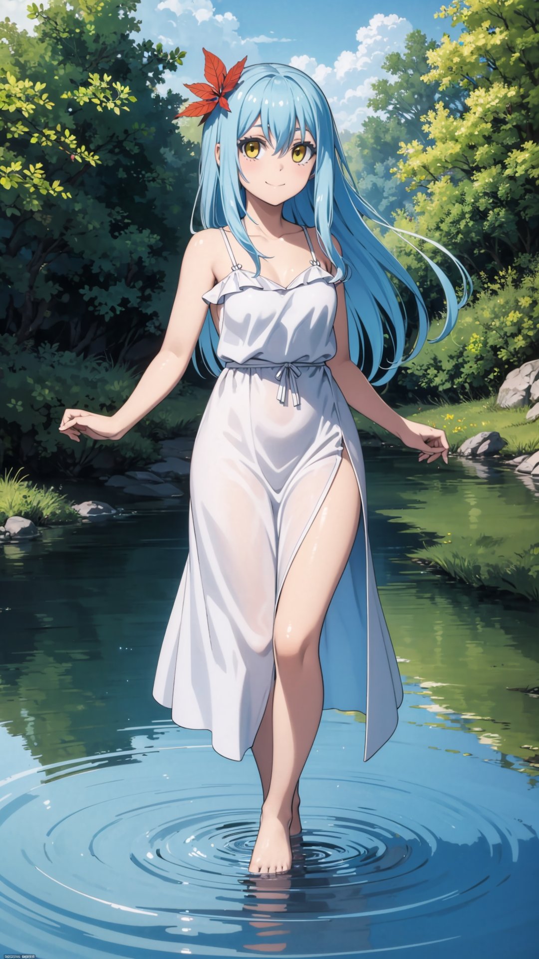 (masterpiece, best quality), ray tracing, absurdres, HDR,rimuru tempest, underground lake goddess, 1girl,yellow eyes,blue hair,medium breasts , cleavag ,hair between eyes, long hair, solo, leaf hair ornament, dress, comic, , closed mouth, water,, ripples, smile, barefoot, off shoulder, bare arms ,looking at viewer,BLUSH<lora:rimuru_lake_goddess:0.7>