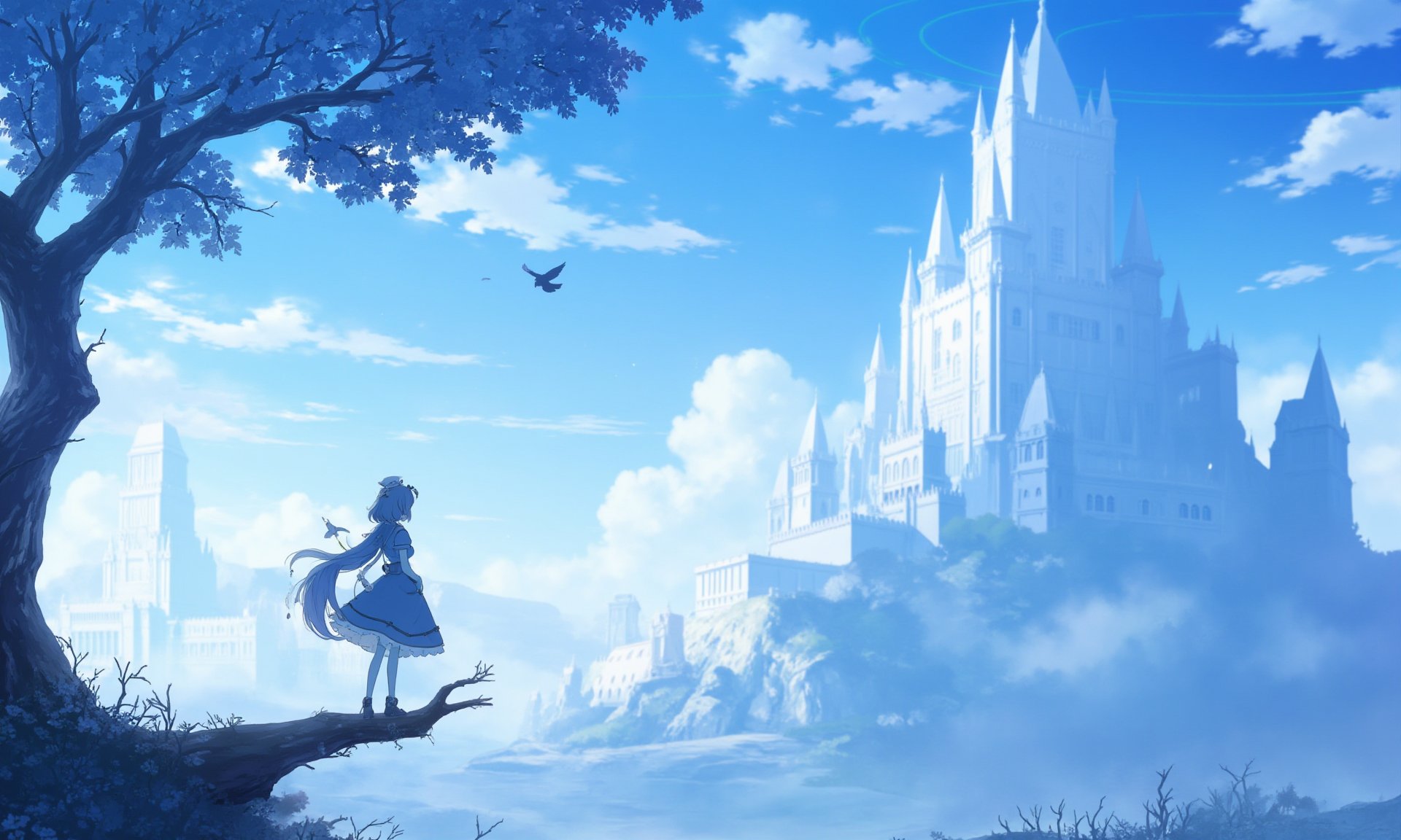 1girl,    fantasy, outdoors, sky, standing on branch, scenery, tree, cloud, blue theme, blue sky, wind, bird, castle, architecture, building, monochrome, standing <lora:BastylrV2:1>