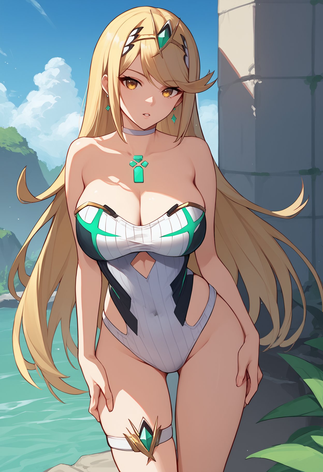 score_9, score_8_up, score_7_up, source_anime BREAK 1girl, solo, <lora:mythra-xb-richy-v1_pdxl:1> mthrsum, yellow eyes, blonde hair, long hair, tiara, earrings, choker, chest jewel, large breasts, one-piece swimsuit, cleavage, strapless, thigh strap, standing, outdoors, blue sky, looking at viewer, parted lips, 