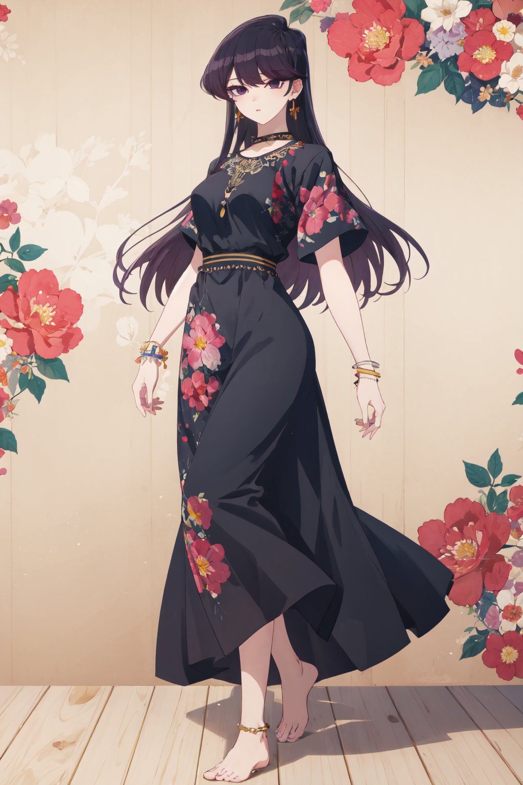 <lora:Shouko-000010:0.8>,Shouko CYQL,1girl,solo,looking at viewer,long hair,black hair,black eyes,(Boho_floral_maxi_dress:1.5),(Barefoot_sandals:1.4),(Wooden_beaded_bracelets:1.3),(Boho_festival_background:1.4),smile,portrait,Palace of Versailles, Afternoon tour, Gardens, History, Opulence,(Lavender rows, Sunset glow, Fragrant air, Golden hues, Lavender harvest, Provencal charm:0.5),beautiful detailed sky,beautiful detailed glow,posing in front of a colorful and dynamic background,masterpiece,best quality,beautiful and aesthetic,contrapposto,female focus,wallpaper,