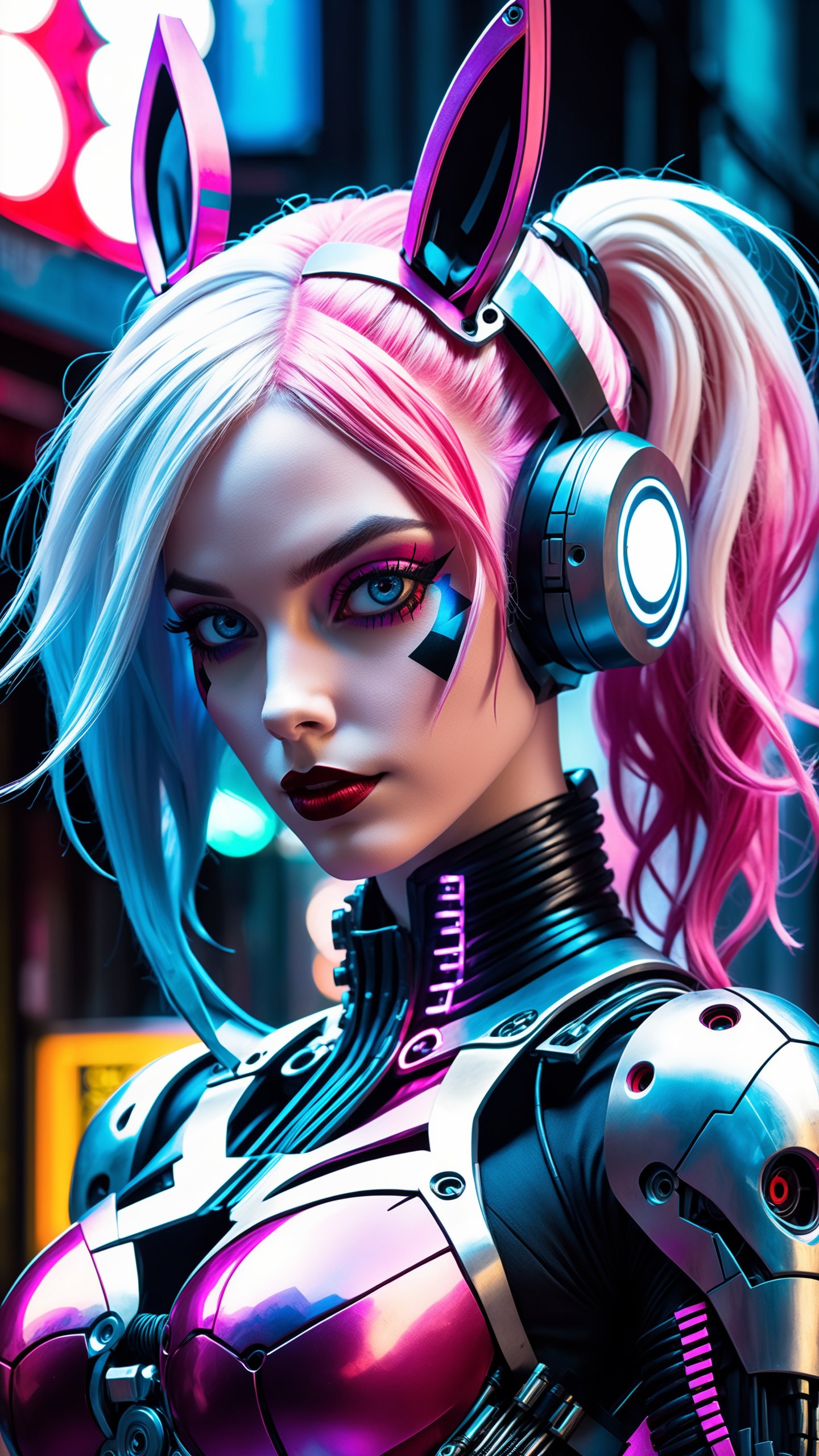 comic (RAW photo, masterpiece, high resolution, extremely complex), mix of Harley Quinn and cyborg , cyborg skull, upper body, pink and blue cyborg suit, made of metal, scratchy metal, extremely detailed, sci-fi, blurred background, graphic illustration, comic art, graphic novel art, vibrant, highly detailed, Dark shot, city street, pastel goth, sexy goth girl, photo of cute 24 years old Italian redhead woman, cinematic shot, hard shadows, photorealistic, cute face, looking at viewer, photography, raw photo, white rainbow hair, detailed skin, natural flower background, sexy goth girl, face blush, vaporwave aesthetic, ethereal fantasy concept art of cyberpunk Harley Quinn, dynamic pose, hi-tech cybernetic suit, muscular, intertwined vines growing out of the ground, branches, deep shadows, vibrant, crisp, sleek, ultramodern, cinematic, ultra detailed, professional, cyberpunk theme, (electric violet accents:0.8), magnificent, celestial, ethereal, painterly, epic, majestic, magical, fantasy art, cover art, dreamy, Cyborg hare, photography, high detailed face, beautiful body, glowing hair, looking at the camera, breeze, neon strings, chaotic wiring/cables, futuristic, highly detailed, cinematic, cyberpunk, highly detailed and intricate, rich deep colors. sf, raphael, caravaggio, greg rutkowski, beeple, beksinski, giger