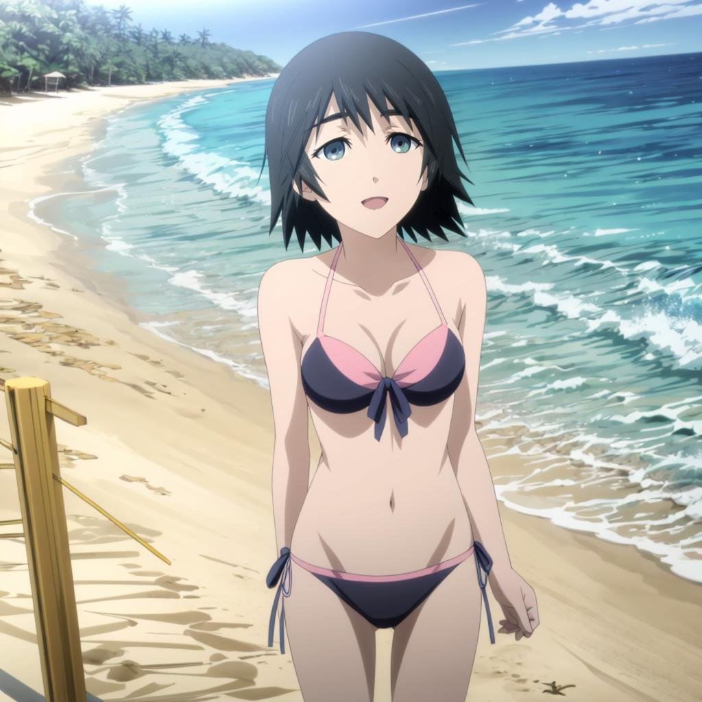 <lora:MayuriShiina002:0.7>,<lora:add_detail:1>,<lora:boldline:-0.8>,<lora:noline:0.3>,MayuriShiina,1girl,black hair,bikini,ocean,beach,sunshine,