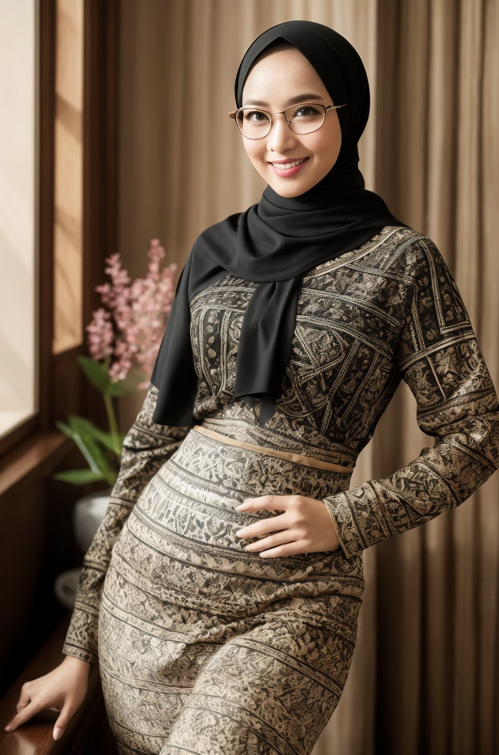 1girl, javabatik, beige and black batik, pattern batik, super realistic 3/4 shot, passionate pose, professional photography portrait of a 30 year old hijab woman in the luxury room, very realistic skin, cinematic lighting, very original batik fabric details, glasses, holding a waist, super thin and transparent leggings, long sleeve striped t-shirt, (big hips: 1.2), smiling, looking at the camera, (masterpiece :1.0), (best quality: 1.0), beautiful, (intricate details), unity 8k wallpaper, very detailed and really brightens up the realistic room, <lora:javabatik_1:0,8>