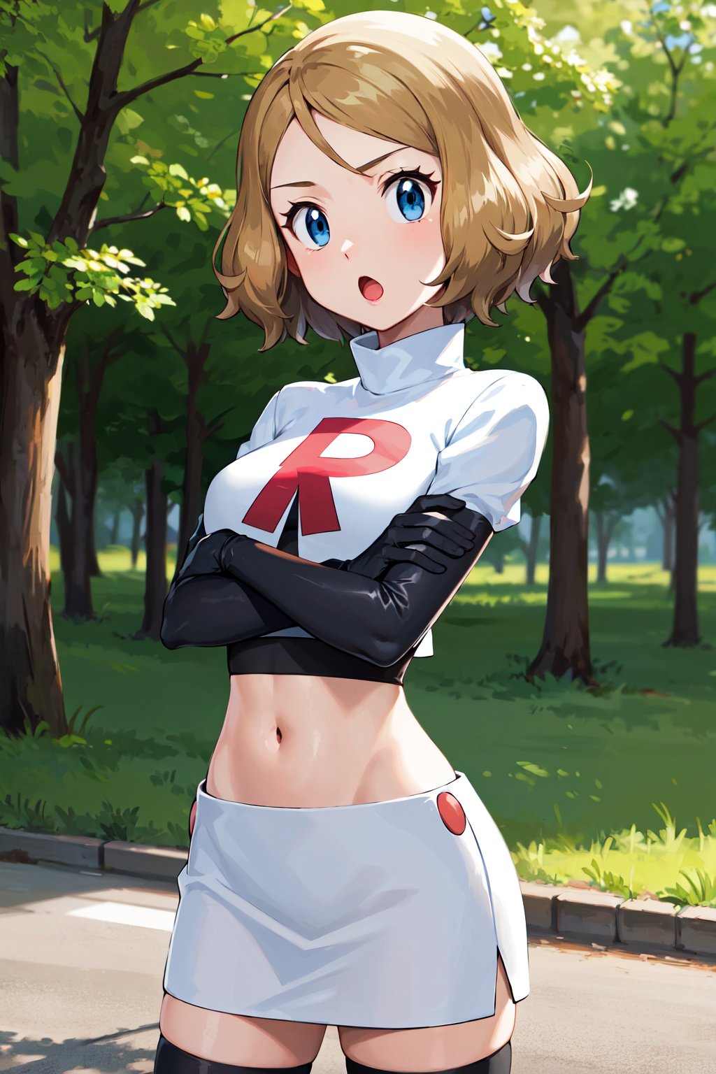 masterpiece, best quality, highres, ffserena, solo, short hair, eyelashes, blue eyes, team rocket uniform, elbow gloves, black gloves, white skirt, crop top, midriff, black thighhighs, white shirt, <lora:serena_(pokemon)_v2:0.7>, standing, cowboy shot, :o, outdoors, crossed arms,