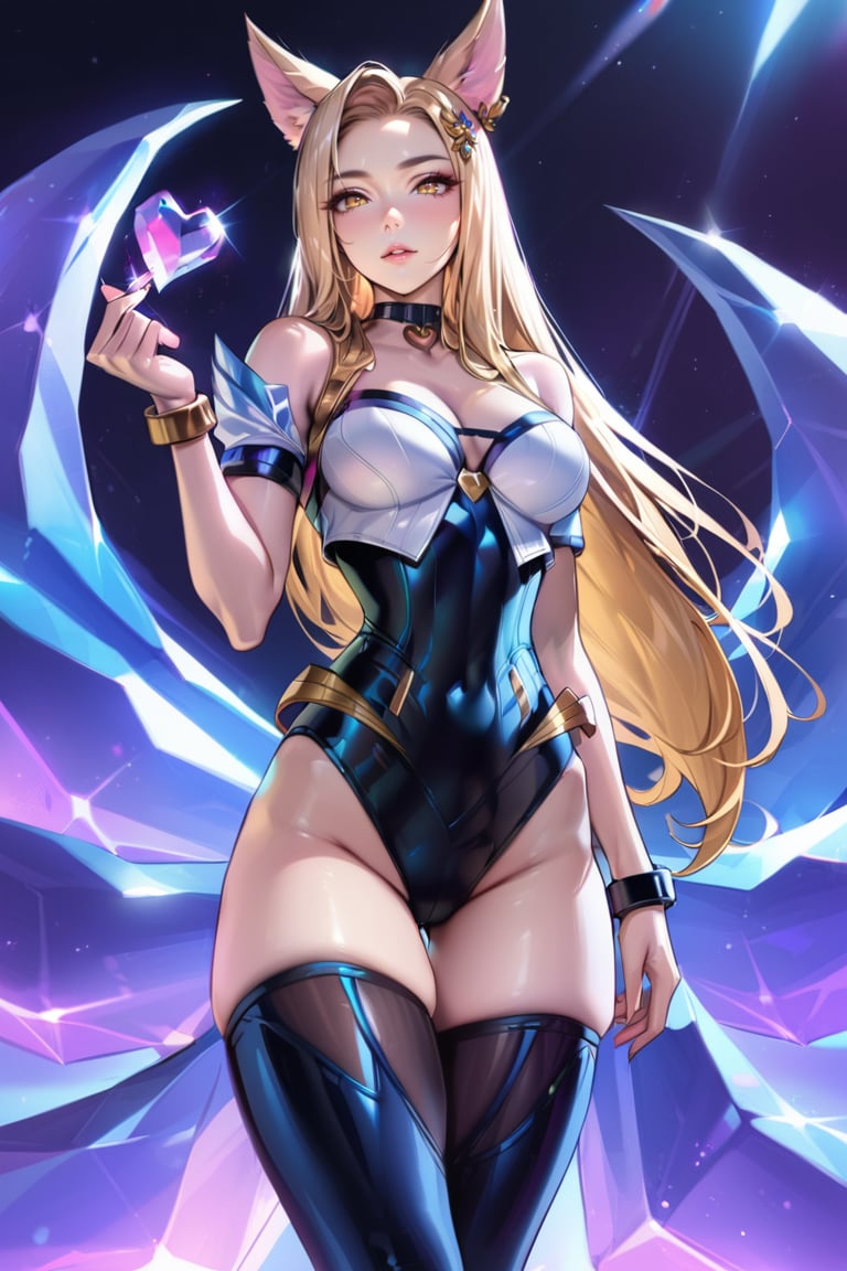 (Masterpiece), mature, HDR,UHD,8K, best quality, Highly detailed, physically-based rendering, extreme detail description, perfect skin, shiny skin, shiny hair,perfect face, 1girl, kda1, blonde hair, yellow eyes, thighighs, facial mark, animal ears, tail, choker,Ahri, K/DA Ahri, bare shoulders, arm straps,LeagueOfLegendsAhri, long hair, bracelet, jewelery, heart choker, multiple tails, idol, cleavagefox ears, earrings,black leotard, white top, high thighhighs, magenta tail, ((black thighhighs)),ahri, black stockings, gloveless, bare hands<lora:EMS-388761-EMS:0.100000>, <lora:EMS-418655-EMS:0.800000>, <lora:EMS-335737-EMS:0.600000>