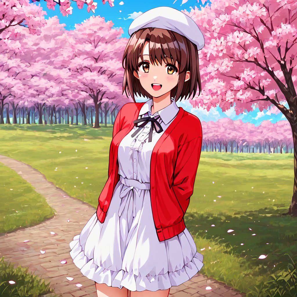 score_9, score_8_up, score_7_up, score_6_up, score_5_up, score_4_up, source_anime,satou nozomi,1girl, outdoors, solo, brown hair, hat, cherry blossoms, white headwear, tree, smile, brown eyes, looking at viewer, open mouth, short hair, day, arms behind back, red jacket, sky, beret, blue sky, skirt, neck ribbon, ribbon, frills, jacket, breasts, dress, petals, shirt, cloud, open clothes, black ribbon, cowboy shot, :d, long sleeves, white shirt, blush, white dress, teeth, medium breasts, open jacket, standing, grass, collared shirt, cardigan, upper teeth only, red cardigan, white skirt,masterpiece, perfect face, best quality, beautiful girl, cute girl, beautiful eyes, shiny eyes, anime coloring, anime screencap, absurdres, award winning, <lora:satou nozomi pony:0.8>