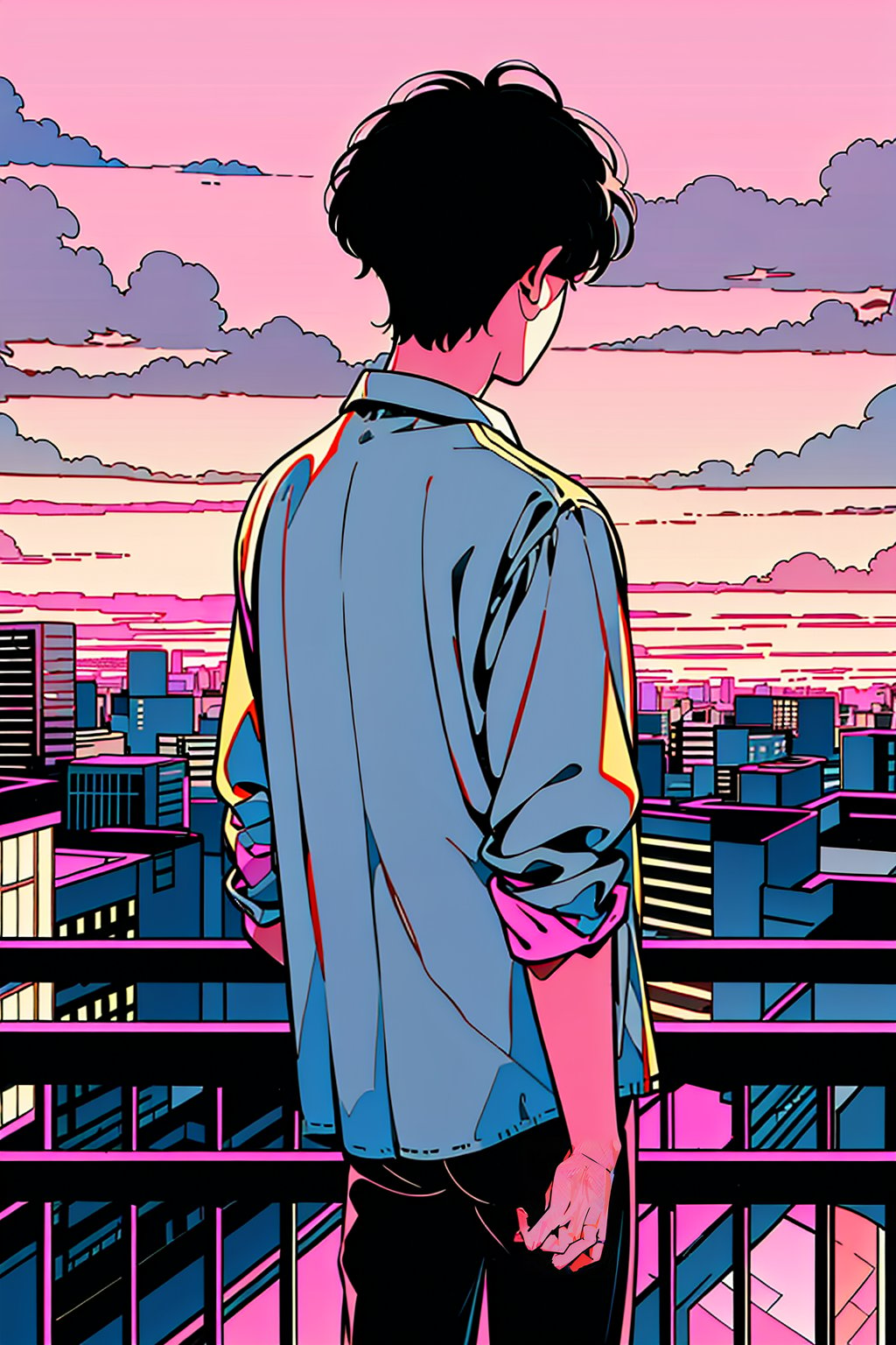 HTTP, solo, 1boy, male focus, from behind, black hair, cloud, building, sky, city, pants, cityscape, railing, short hair, cloudy sky, shirt, facing away, pink sky, standing, outdoors, skyscraper, pink theme<lora:HTTP_20231211123040-000008:1>