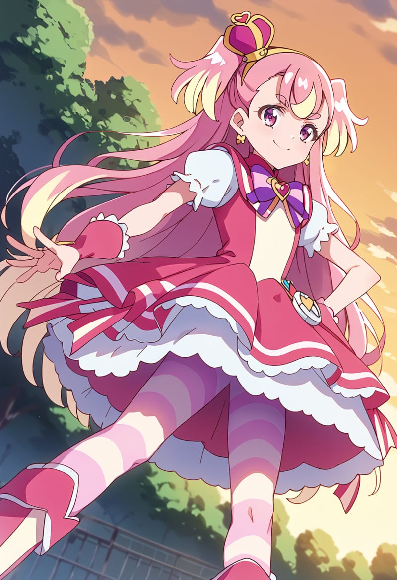 score_9, score_8_up, score_7_up, source_anime, BREAKcure wonderful, 1girl, solo, multicolored hair, pink hair, smile, striped legwear, pink eyes, gradient hair, two-tone hair, blonde hair, closed mouth, pink skirt, thighhighs, outdoors, two side up, pantyhose, very long hair, pink footwear, asymmetrical legwear, blurry background, puffy short sleeves, wrist cuffs, tree, looking at viewer, sunset, foreshortening, dutch angle, pink bow, anime coloring, multicolored clothes, from below, standing, profile, pink dress, eyelashes, pink legwear, bangs, orange sky, purple eyes, mini crown, outstretched hand, multicolored legwear, bowtie, floating hair, waist bow, cloud, streaked hair, from side, layered skirt, hair ornament, yellow sky, gradient, ankle boots, clenched hand, earrings, mismatched legwear, layered dress, twilight, cowboy shot, yellow hairband, outstretched arm, white legwear, shiny hair, purple neckwear, feet out of frame, uneven legwear, evening, pouch, depth of field, striped bow, thick eyebrows, frills, short dress, white skirt, petticoat, fighting stance, striped clothes, dress bow, heart brooch, multicolored bow, striped pantyhose, dusk, cloudy sky, tilted headwear<lora:cure_wonderful_inukai_komugi_sdxl_locon_pony_v1:0.7>