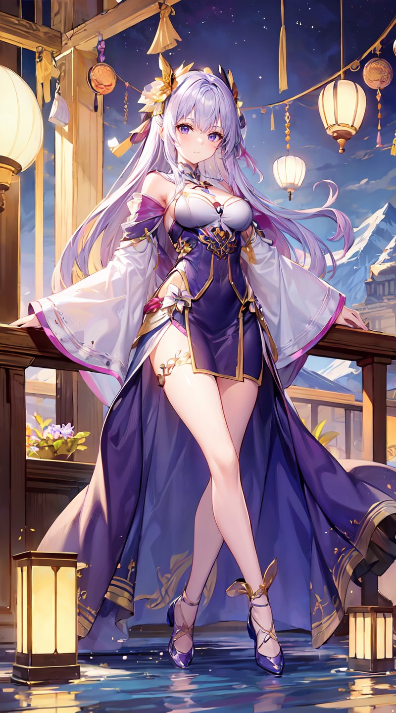 this painting depicts a woman with purple hair,she was wearing a purple light gauze robe,her clothes are adorned with golden decorations and patterns,wearing a golden headdress and a strolling gait on his head,complementing her gorgeous temperament,her eyes were gentle and firm,seems to be telling an ancient story,the background is a lake under moonlight and distant mountains,several lit lanterns float on the lake surface,create a mysterious and romantic atmosphere,in addition,there is also a blooming lotus flower in the picture,adding a fresh touch of color to the entire scene,purple element,front lighting,sunshine shining on the face,flower sea,sit down,extend one leg straight,lotus,fantastic scenes,<lora:奇幻釉-fantastic_coloured_glaze:0.2>,clear background,<lora:CG-v10:0.3>,(purple shoes:1.3),