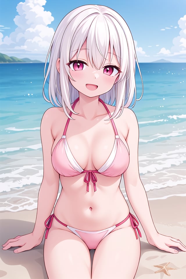 insanely detailed, absurdres, ultra-highres, ultra-detailed, best quality,(wearing pastel pink bikini:1.2),1 girl, solo, happy smile, laugh, open mouth,BREAKsitting on beach, dynamic pose, cowboy shot, looking at viewer,slender, kawaii, perfect symmetrical face, ultra cute girl, ultra cute face, ultra detailed eyes, ultra detailed hair, ultra cute, ultra beautiful,BREAKbeach, coast, ocean, blue sky, cloud, outdoor, ultra detailed background,medium large breastsBREAK(white hair:1.3), medium hair, dark red eyes