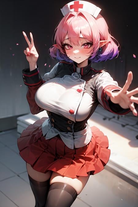 best quality,solo focus,1girl,lucid \(maplestory\),short hair,pink hair,pink eyes <lora:lucid-01:1> ,<lora:add_detail:0.5>,dynamic pose,pink nurse uniform, tight skirt, nurse cap