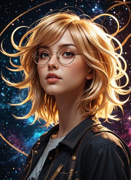 photorealistic Medium format photography, (Anime girl with cosmic swirls backdrop:1.3), Golden ratio composition, Stylish glasses, Flowing hair strands, (Modern punk elements:1.2), Dark animated backdrop, Full HD vector quality, Conviction illustrated, Character's mood shining . highly detailed, lifelike, precise, accurate