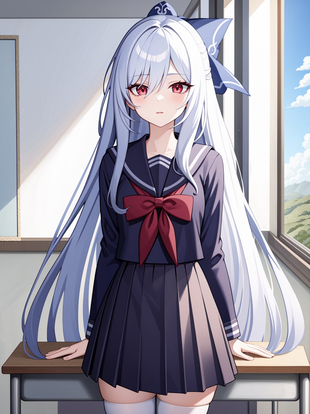 <lora:jingliu-000012:0.75>,jingliu,1girl,solo,long hair,red eyes,bangs,white hair,very long hair,school uniform,classroom,jk,serafuku,white silk stockings,white tights,hair bow,, 1girl,,  (masterpiece,best quality:1.2),absurdres