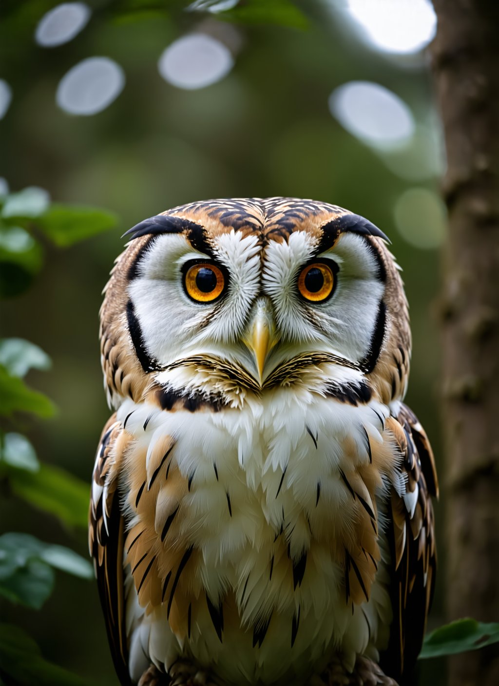 cinematic photo (Curious owl expression close-up:1.2), Symmetrical face composition, Large amber-yellow eyes, Small brown beak, (Fluffy white plumage:1.2), Pronounced eyebrows, Blurred woodland setting, Soft and warm illumination . 35mm photograph, film, bokeh, professional, 4k, highly detailed