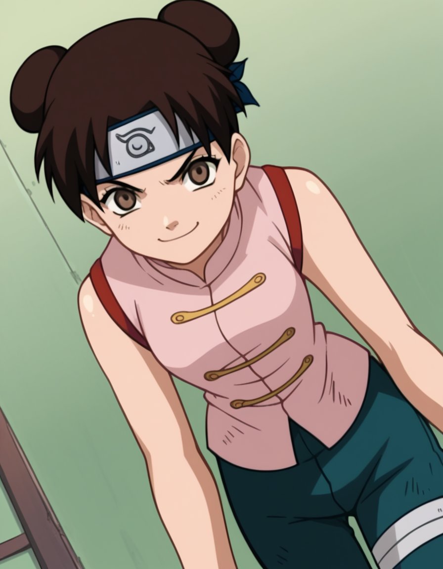 score_9, score_8_up, score_7_up, source_anime, <lora:tenten-s1-ponyxl-lora-nochekaiser:1>, tenten, brown hair, brown eyes, hair bun, double bun,, skirt, bare shoulders, sleeveless, forehead protector, konohagakure symbol, chinese dress, pink dress, pants,, indoors, bent over, smile, smug, looking at viewer, solo,, cowboy shot, dutch angle