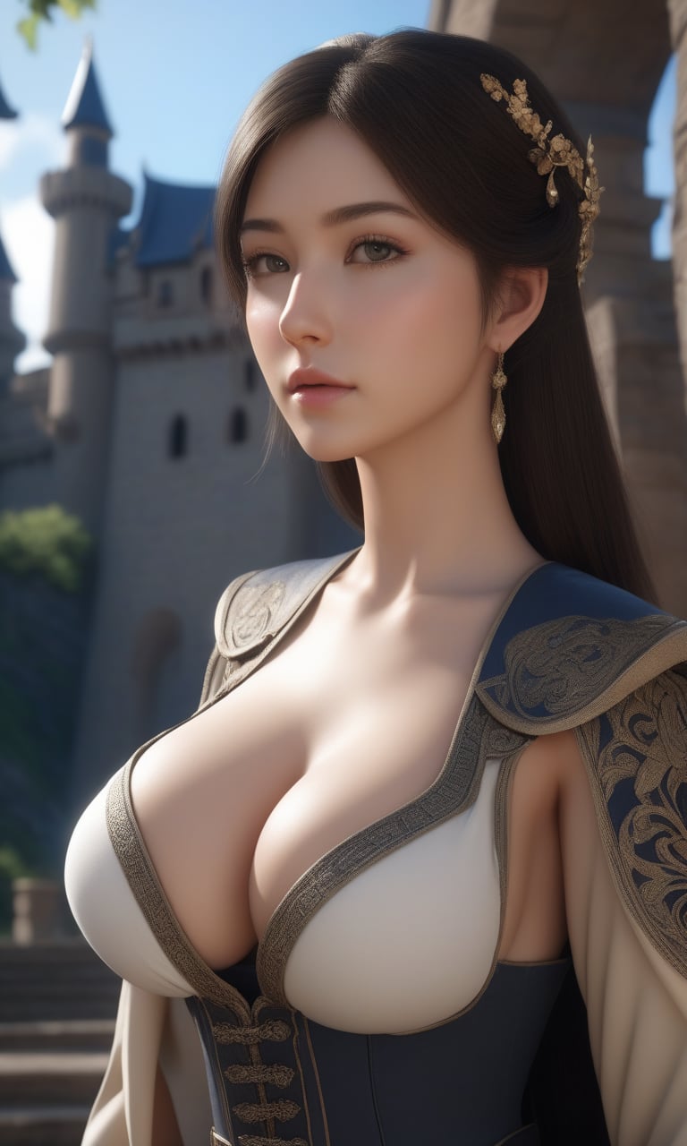 (,1girl, pov,best quality, )masterpiece, fantasy, realistic,science fiction,mole, ultra realistic 8k cg, ,tamari \(flawless\),  cleavage,large breasts ,castle,       ((()))