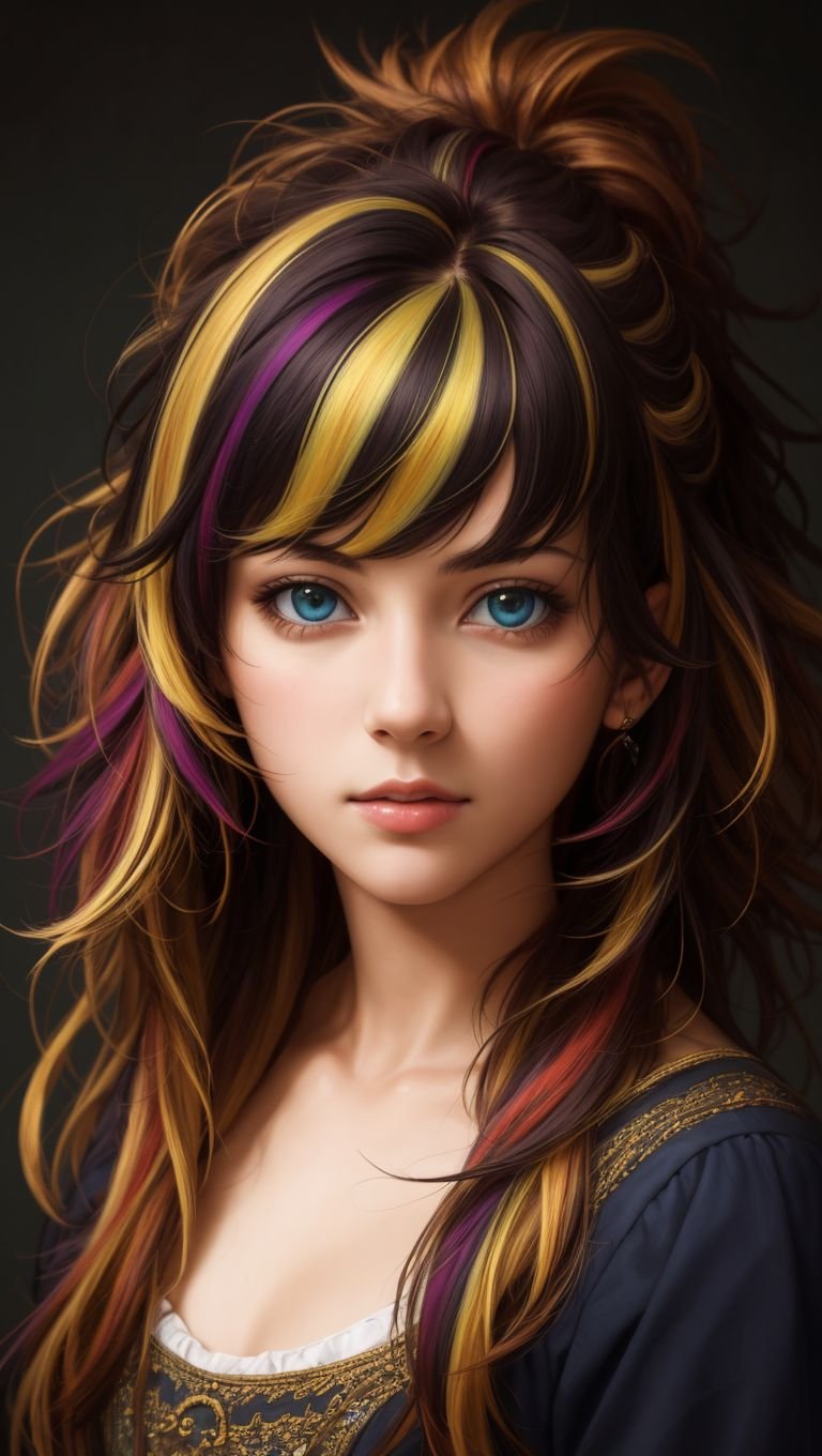 portrait, (masterpiece:1.1), (highest quality:1.1), (HDR:1.0), girl with really wild hair, multicolored hairlighting, (from front:0.6),