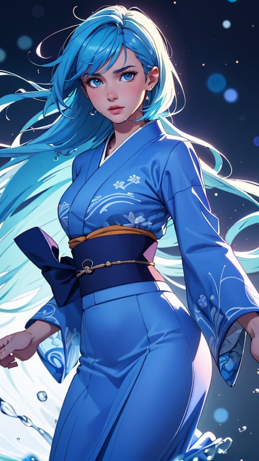 (best quality, masterpiece, highres:1.2), (young cute french girl), floating blue hair, long hair, (water:0.7), waterdrop, wet, high detailed blue kimono texture, intricate pattern, ultra detailed, (textured clothing), (ultra-detailed body), softlight passing through hair, (monochromatic bokeh background), (intricate details)