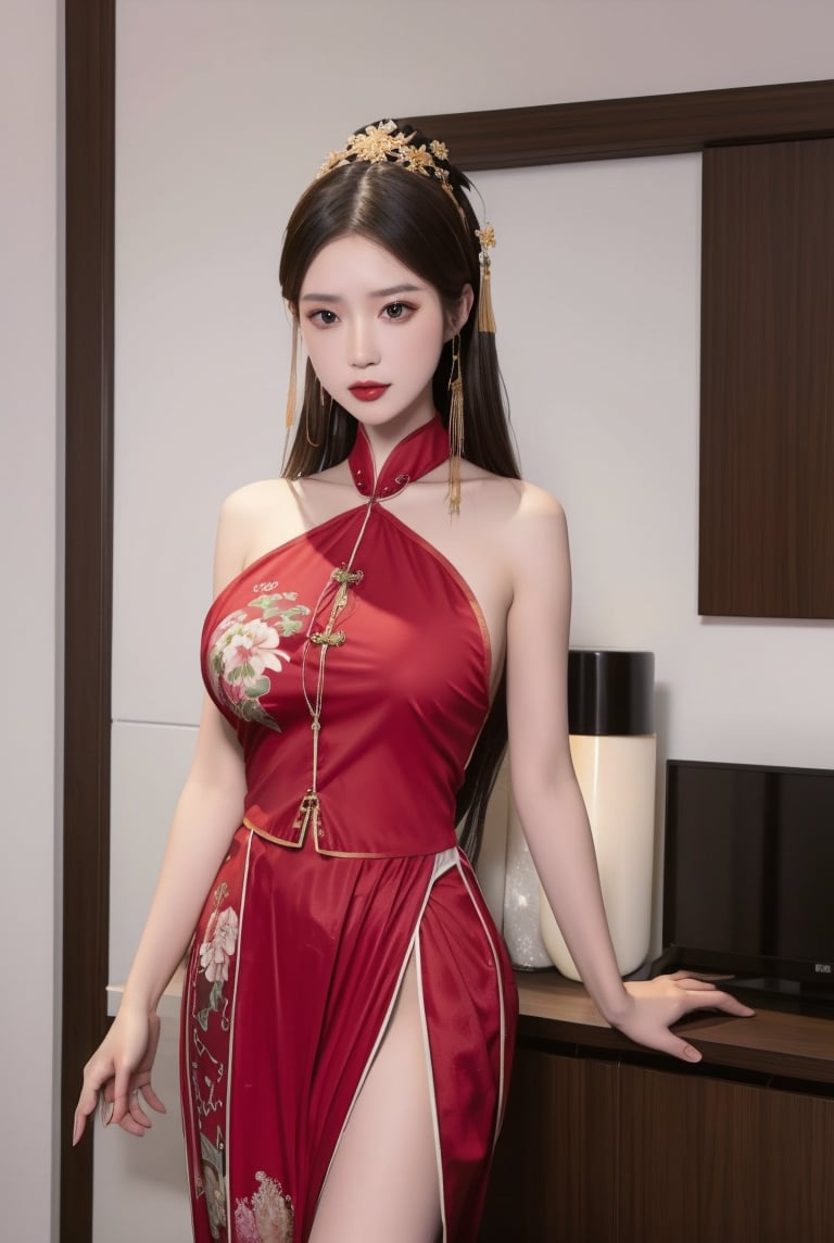 (masterpiece, best quality:1.4),finely detailed,1girl,solo,pale skin,perfect body,standing,(large breasts:1.1),<lora:性感红色婚纱肚兜连衣裙+美女-000006:0.75:yf>,(cowboy_shot:1.2),chinese clothes,dress,dudou,killer,red dress,floral print,