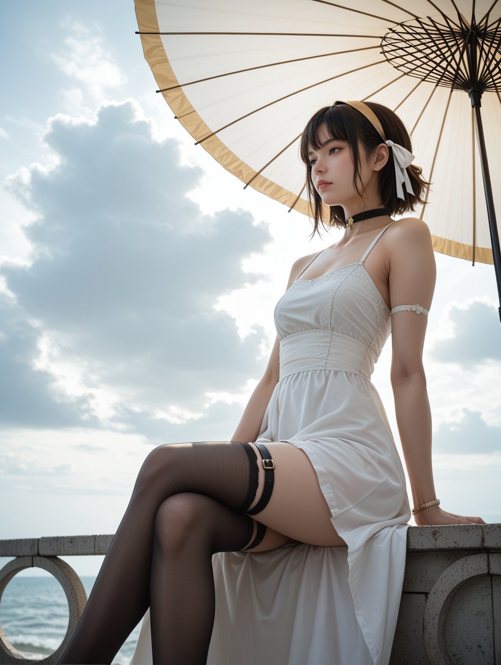 score_9, score_8_up, score_7_up, 1girl, black clothes, white dress, multicolored hair, single elbow glove, hair ribbon, choker, gold headband, solo, thighhighs, thigh strap, sitting, from side, facing away, holding umbrella, oil-paper umbrella, feet out of frame, relaxed posture, slightly low angle, medium shot, outdoors, sky, Overcast, cloud, open sea, blurry background, bright lighting, soft shadows