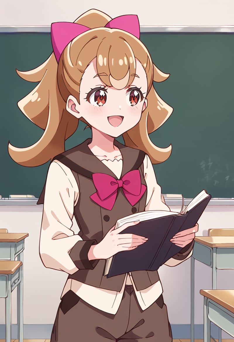 score_9, score_8_up, score_7_up, source_anime, BREAKinukai komugi, wan-nyan-chu school uniform, 1girl, solo, book, open mouth, smile, hair bow, holding book, indoors, :d, brown hair, school uniform, red eyes, school desk, classroom, eyebrows visible through hair, long hair, locker, standing, pink bow, long sleeves, open book, bangs, eyelashes, ponytail, light brown hair, cowboy shot, collarbone, shiny hair, hands up, white shirt, reading, brown eyes, brown shorts, tongue, blonde hair, high ponytail, red bow, brown vest, notebook, school chair, chalkboard, black vest, looking to the side, serafuku, brown sailor collar, happy, purple bow, half updo, pink neckwear, hair ribbon, medium hair, grey vest, red neckwear, purple neckwear, collared shirt, pink ribbon, tied hair, looking away, brown shirt, buttons, blush, flipped hair, black sailor collar, pink bowtie<lora:cure_wonderful_inukai_komugi_sdxl_locon_pony_v1:0.7>