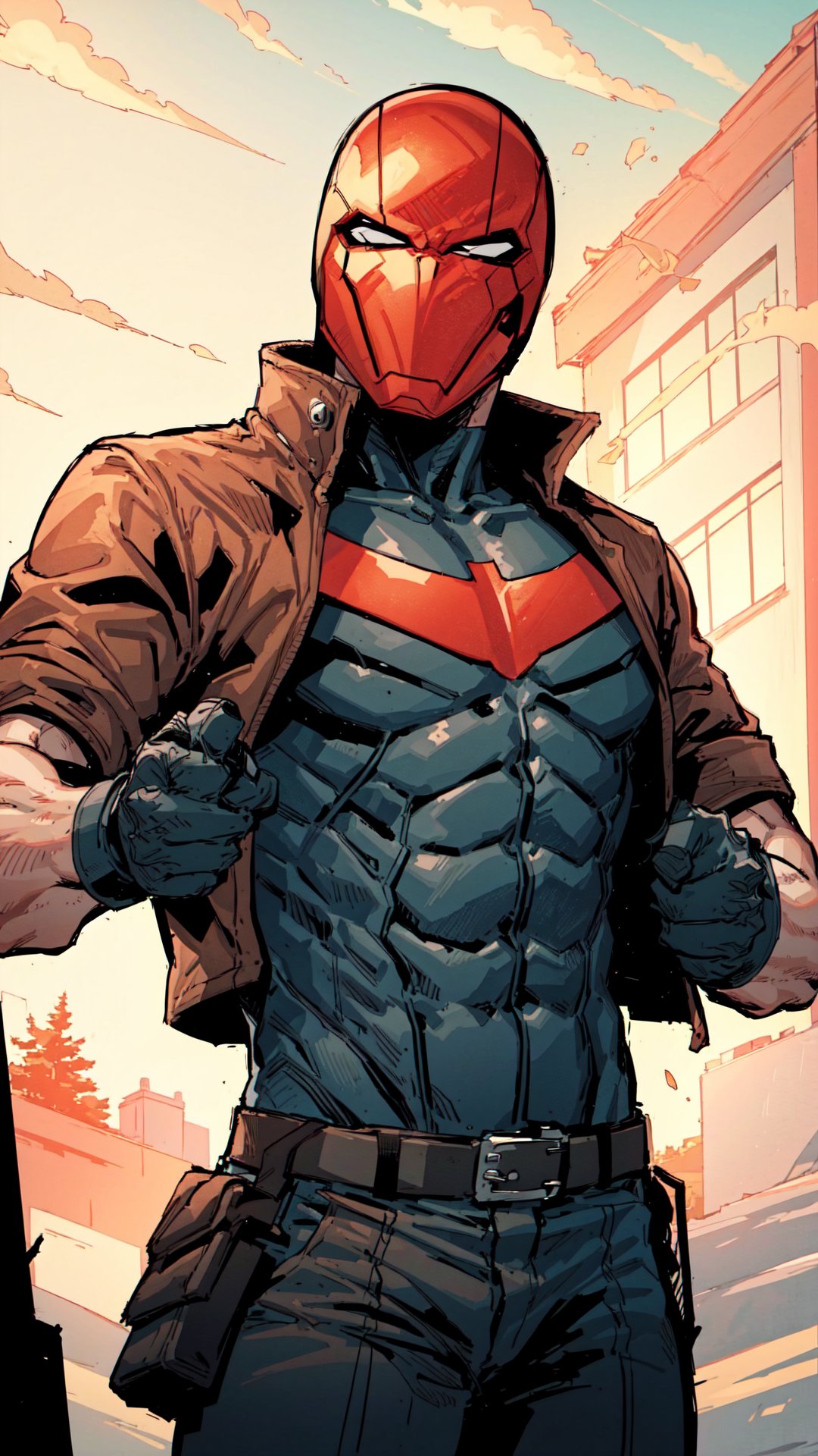 rhdc, a man, red helmet, brown leather jacket, gray skintight suit, black gloves, belt, red bat symbol, 8k. 16k, masterpiece,  <lora:rhdc:0.7>