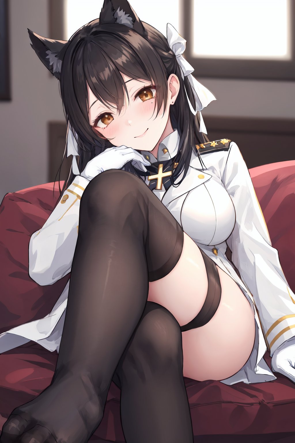 1girl,solo,breasts,atago \(azur lane\),long hair,gloves,smile,mole under eye,large breasts,mole,black hair,feet,sitting,white ribbon,head tilt,looking at viewer,bangs,soles,no shoes,military,white gloves,crossed legs,holding,military uniform,uniform,(black thighhighs:1.4),ribbon,extra ears,swept bangs,toes,closed mouth,brown eyes,hair ribbon,foot up,white jacket,jacket,pouring,indoors,long sleeves,hand on own cheek,foot focus,blush,blurry,hand on own face,holding bottle,blurry background,foreshortening,bottle,window,medal,thighs,md-style,