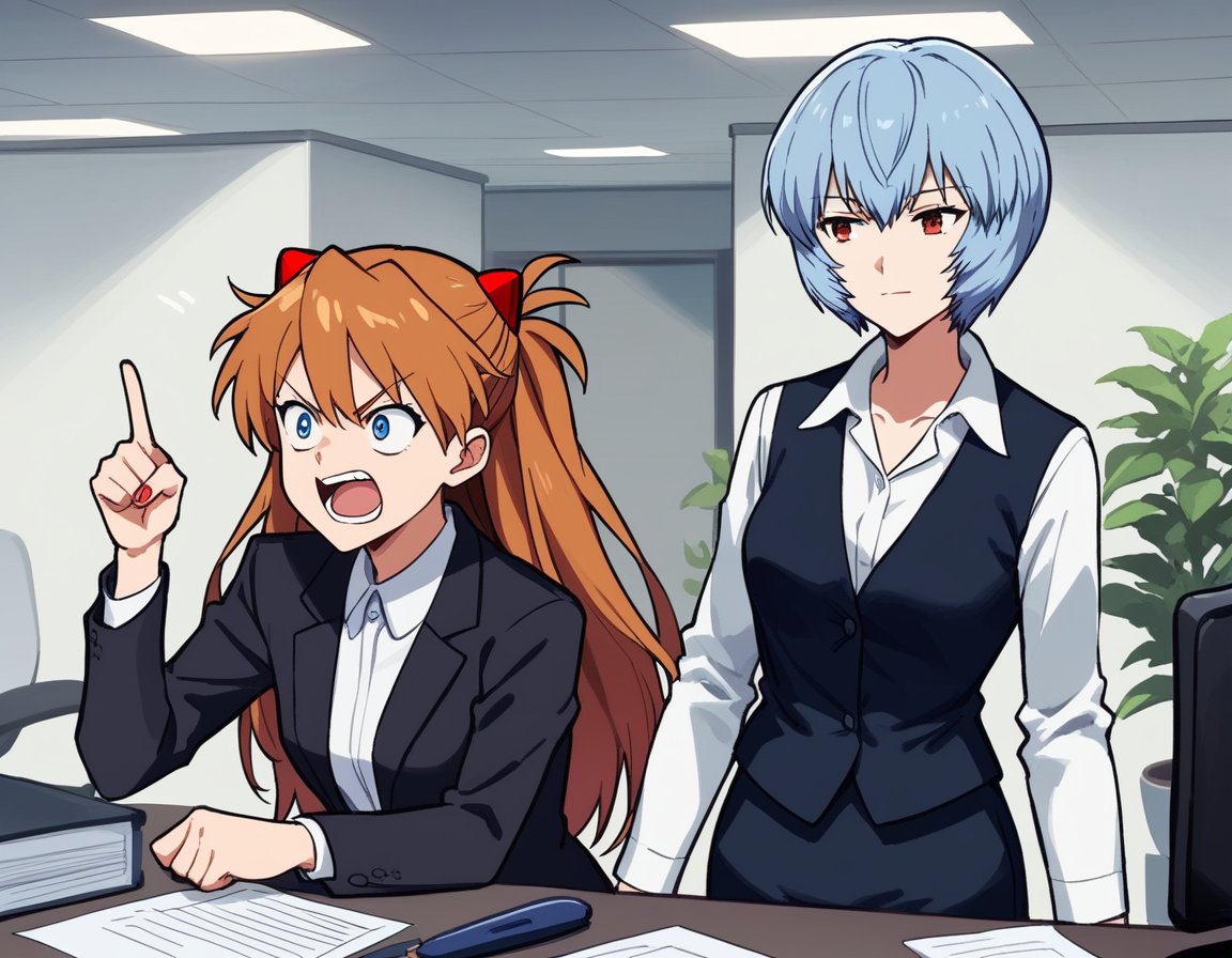 score_9, score_8, score_7, source_anime,rating_safe,2girls, office lady, formal, pant suit, small breasts, facing another, face-to-face, arguing, officeBREAKsouryuu asuka langley, shouting, pointingBREAKayanami rei, smirk, expressionless, sleepy, messy hair