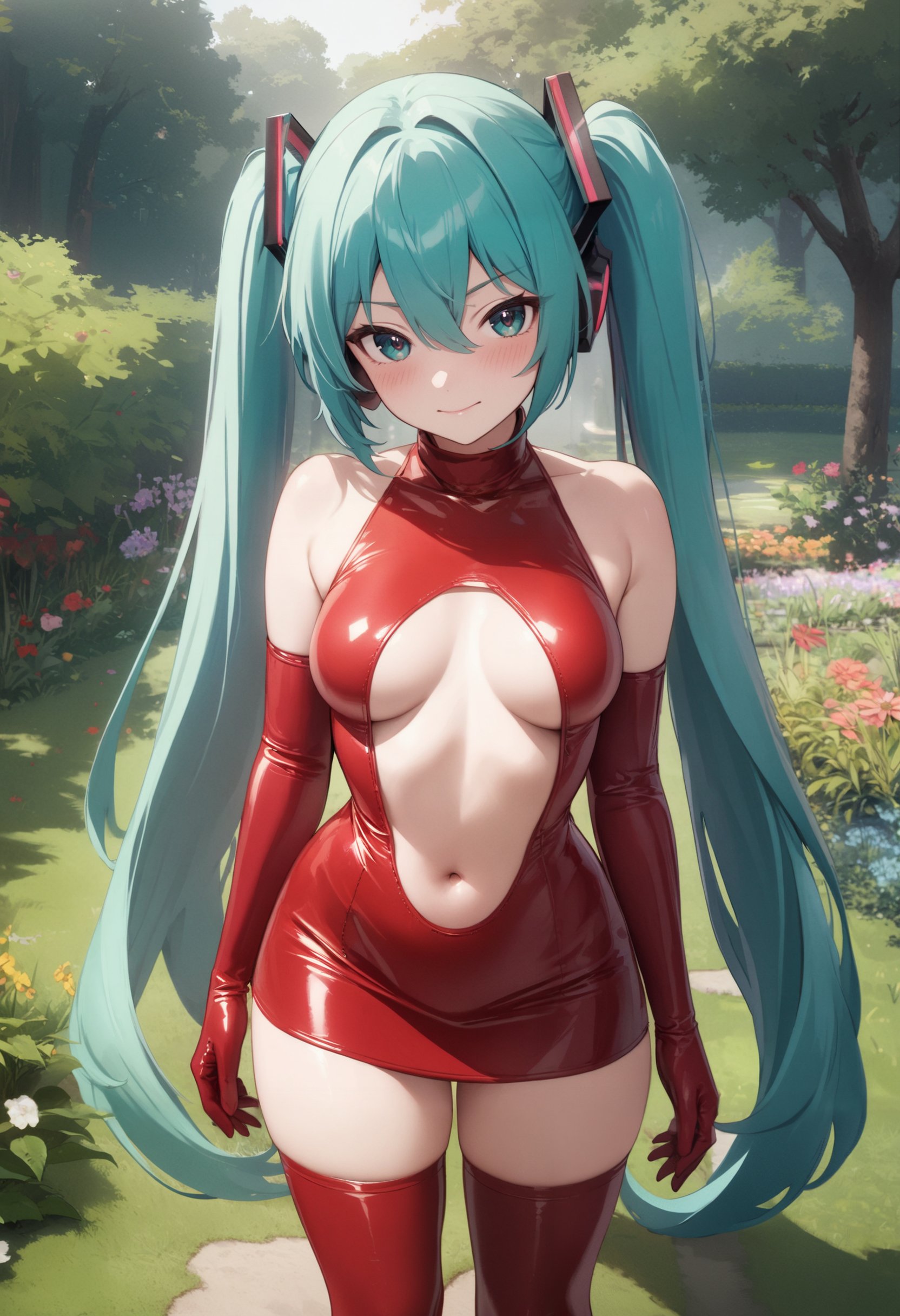 1girl, masterpiece, best quality, very aesthetic, absurdres, hatsune miku, red latex princess, thighhighs, elbow gloves, breasts apart, medium breasts, red latex skirt,standing, cowboy shot, garden, grass, tree,  <lora:latex-princess-ot6-ani-1300:0.8>