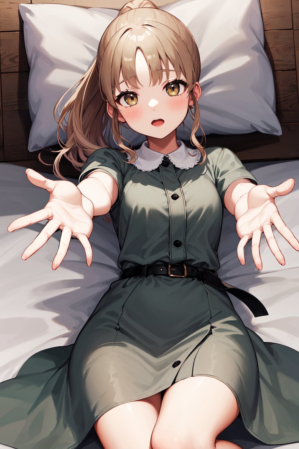 masterpiece, best quality, highres, bbsister, long hair, ponytail, sidelocks, collared dress, grey dress, short sleeves, buttons, black belt, <lora:sister_cleaire_v2:0.7>, bed, lying, outstretched arms, reaching out, 