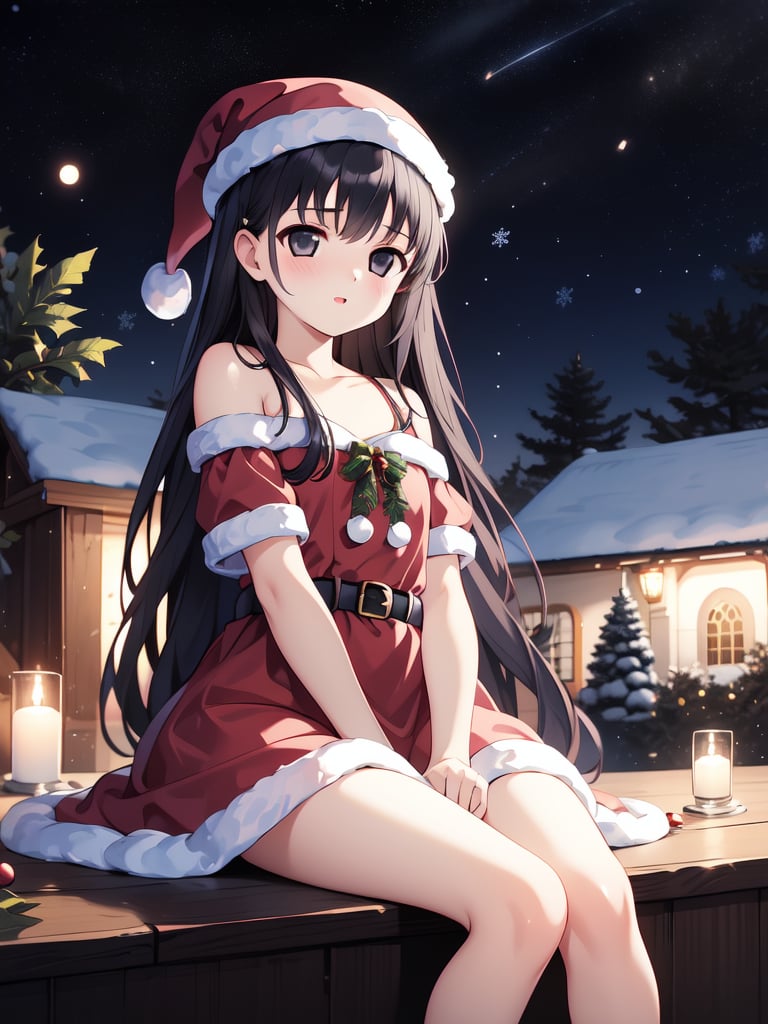 <lora:Tsutsumi_Kinuka:0.8>, TsutsumiKinuka, 1girl, solo, long hair, long hair, bangs, black hair, black eyes, Christmas, SantaClaus,  night, starry sky, sitting,weddingdress, church,masterpiece, high quality, very_high_resolution, large_filesize, full color,