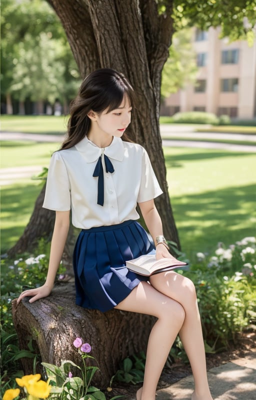 1girl,xuejie,on campus,campus flower,suit in a jk dress,elegant sitting under the tree,quietly looking at the book,skirt,skirt,SHORT SLEEVE SHIRT,collar flower,rich second generation,ojousama,<lora:xingganchengshuxuejie:0.8>,