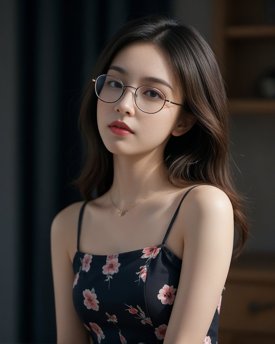 (disdain:1.5),(charming:1.5),Glasses,The corners of one's mouth turn upward,sexy,moody lighting,medical eyepatch,Best quality,masterpiece,ultra high res,(photorealistic:1.4),1girl,offshoulder,in the dark,deep shadow,low key,(upper body:1.3),skirt,focus head,floral_background,