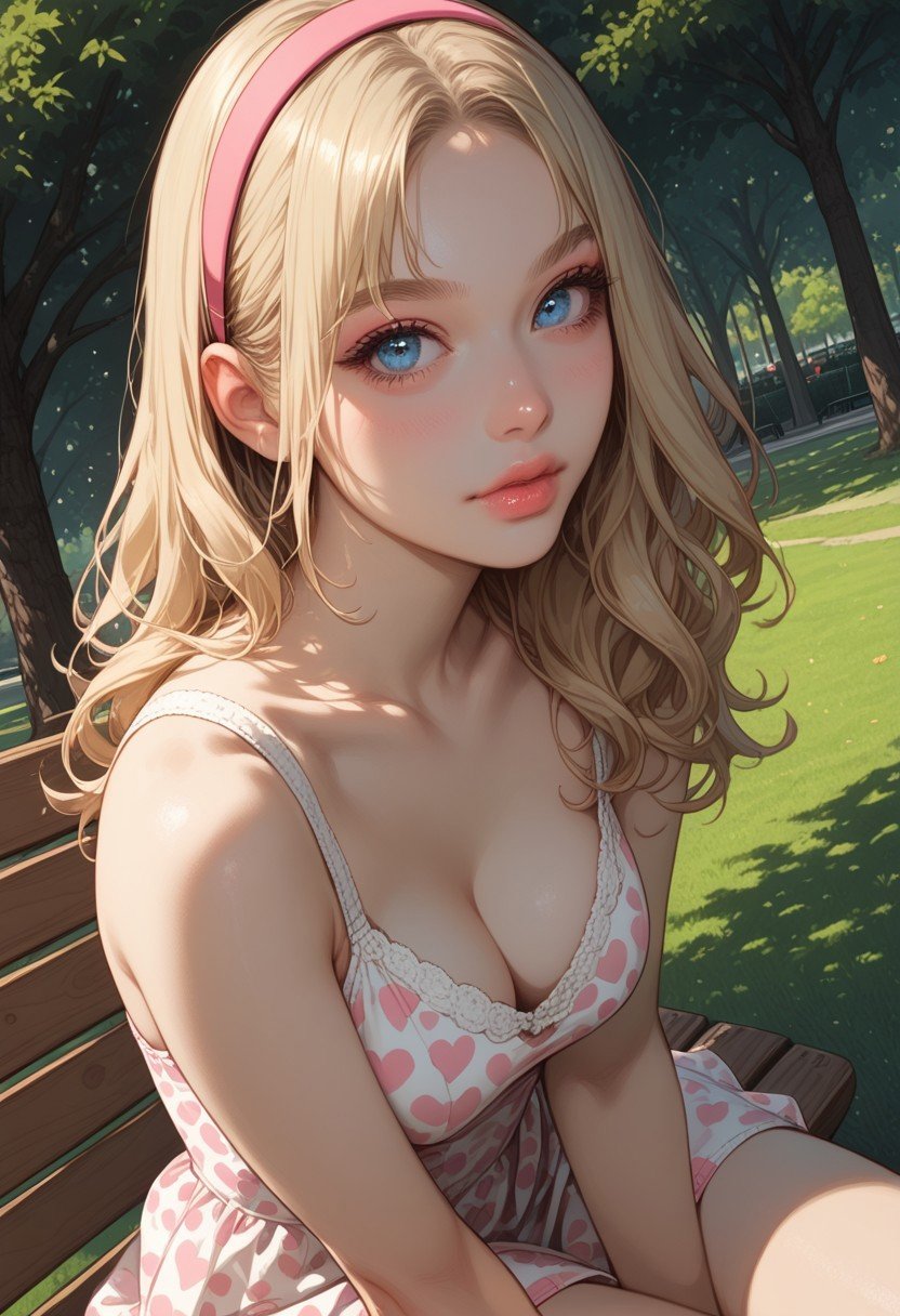 score_9, score_8_up, score_7_up, score_6_up, rating_questionable, 1girl, cute, long blonde hair, parted bangs, pink hairband, blue eyes, gorgeous lips, medium breasts, slender, large hips, beauty spots, light makeup, dynamic pose, posing, wearing short pink sundress, cleavage, v-slot, hearts pattern dress,  park, sunny, shadows, trees, face closeup, dutch angle, side view, sitting on a bench, enjoying the sun, looking in front of her, closeup shot, detailed eyes