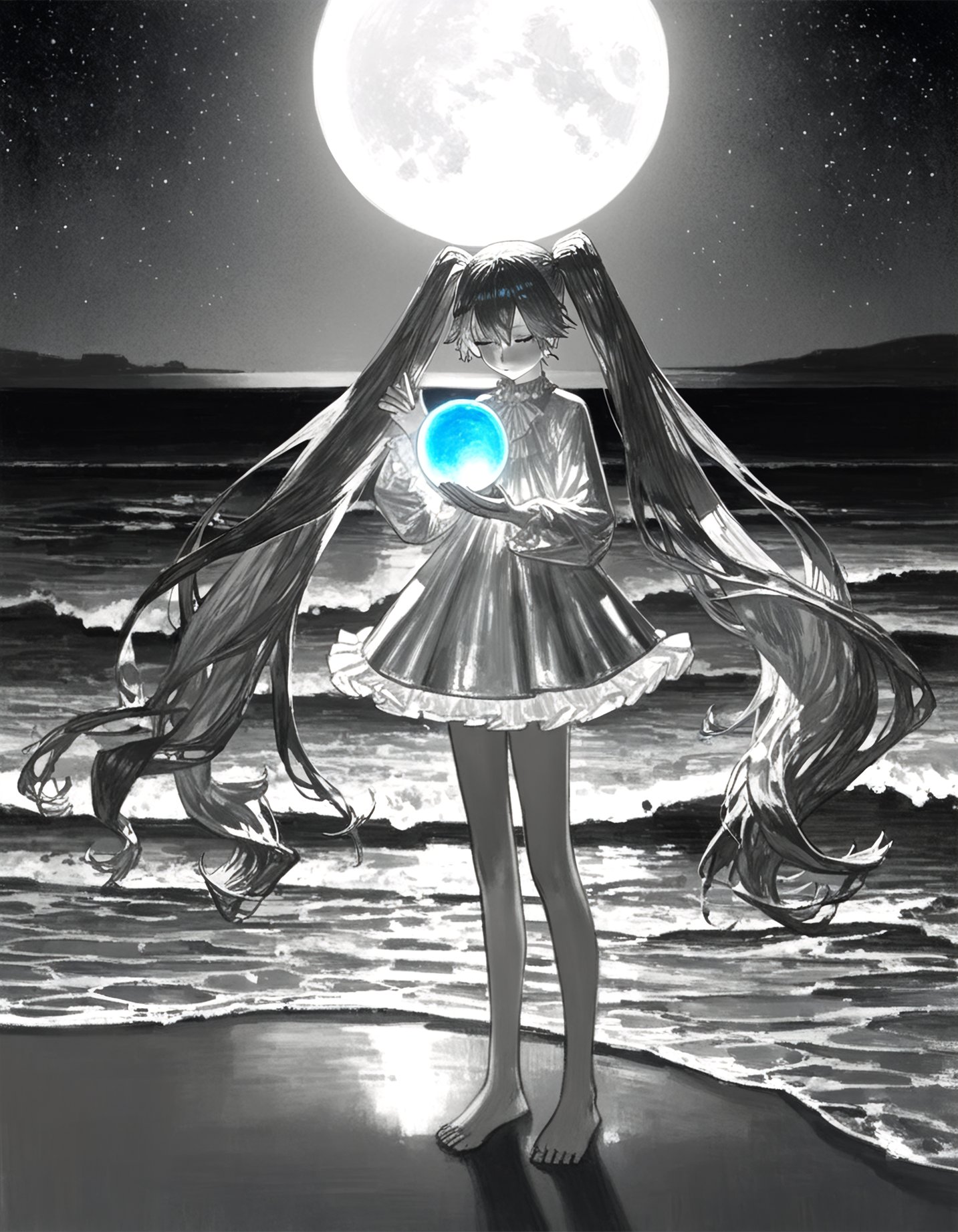 by (quasarcake:1.2), (by jun_\(navigavi\):0.8), (by reoen:1.1), by rsef, by neg_\(101neg\), hatsune miku, (holding iridescent orb:1.3), holding orb, orb, glowing orb, holding iridescent,  1girl, solo, long hair, long sleeves, dress, holding, closed mouth, very long hair, twintails, standing, full body, closed eyes, monochrome, outdoors, greyscale, frills, sky, barefoot, water, bare legs, floating hair, night, glowing, ocean, beach, short dress, frilled dress, moon, star \(sky\), night sky, full moon, sand, waves, shore, darkness, 