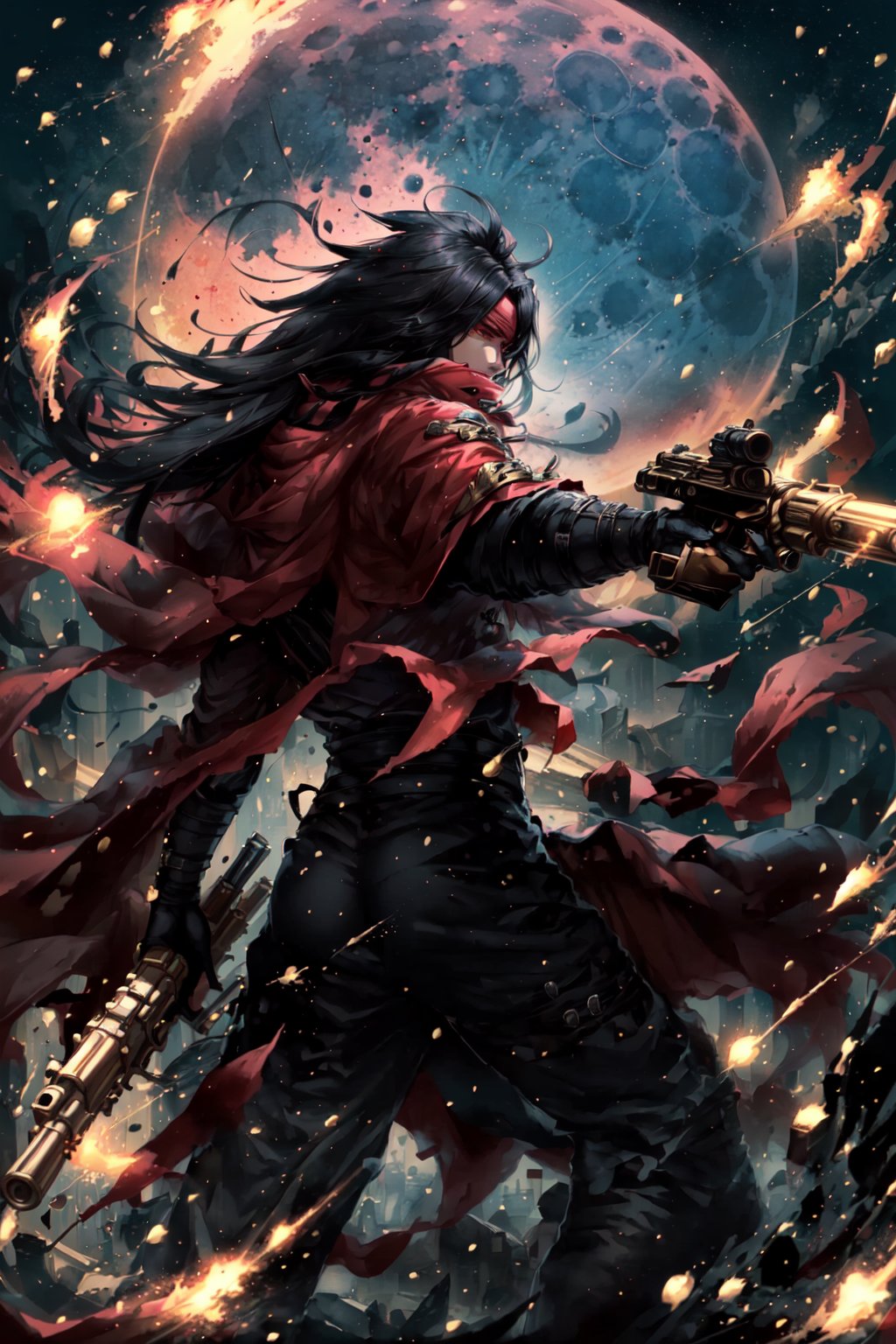 best quality, masterpiece, 1boy,  <lora:VincentValentineV1:0.9>,  long black hair, red eyes, red cloak, red headband, gold claw, action scene, dynamic pose, holding gun,  pointing gun, moon, starry sky, 