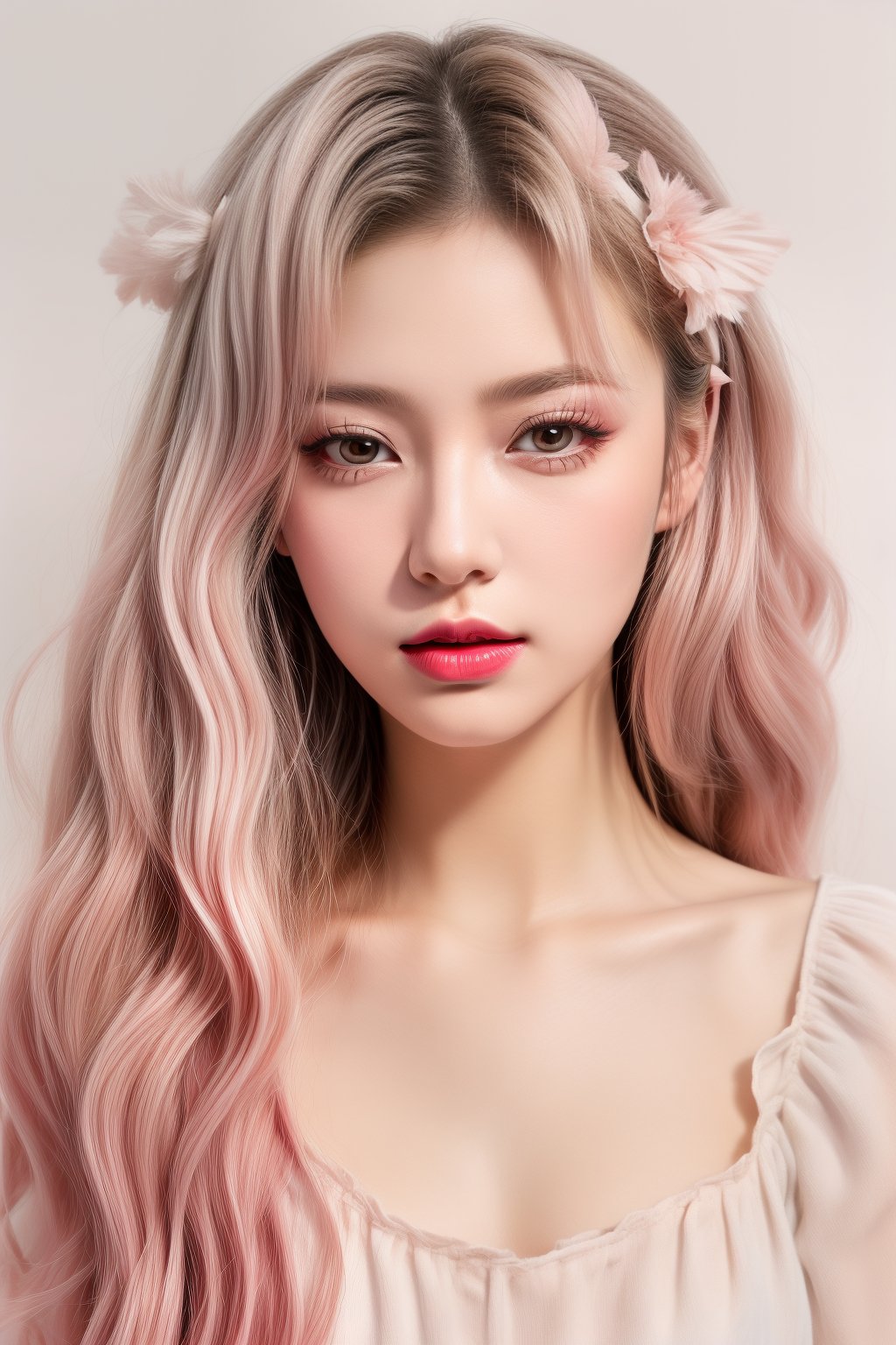 (fashion photography:1.3),(sweet:1.2),((nail polish, eyeliner, eyelashes, lipstick, makeup)),The girl has long,(wavy hair with a mix of pink and white colors:1.1),which gives off a soft and whimsical vibe. They are wearing what appears to be a light-colored,possibly pink,top with a ruffled neckline. The person is also adorned with accessories that include a headband with a bow and what looks like a feather or a decorative element on the side. The overall aesthetic is very cute and playful,with a focus on pastel colors and a fantasy-like quality. The background is simple and does not distract from the subject,which is the person's face and upper body,<lora:add_detail 3:1>,<lora:pcm_sd15_normalcfg_8step:1>,