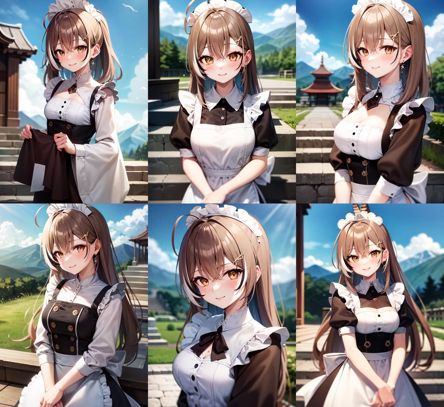 <lora:mumei1-000005:1.0>, mumeirnd, upper body, smile, blush, outdoors, day, simple background, blue sky, sky, temple, looking at viewer, stairs, mountain, moody lighting, facing viewer, maid outfit, apron, white headdress,