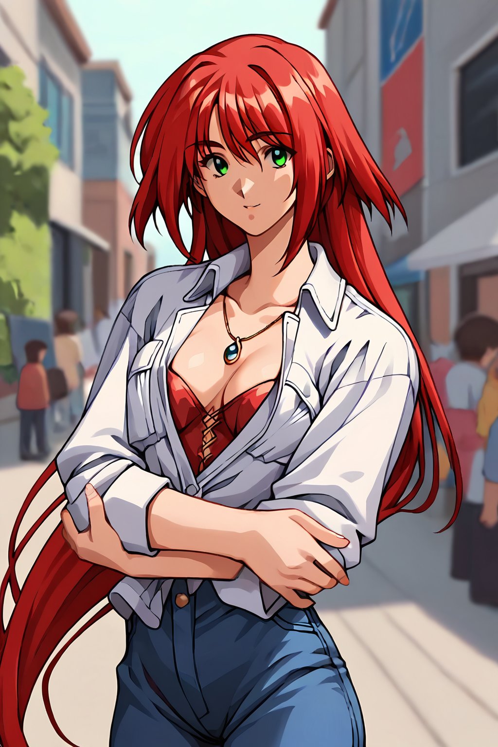 score_9, score_8_up, score_7_up, score_6_up, score_5_up, score_4_up, source_anime, ogata shizuka, red hair,1girl, solo, long hair, jewelry, green eyes, crossed arms, necklace, sleeves rolled up, very long hair, cowboy shot, looking at viewer, breasts, cleavage, blue pants,masterpiece, perfect face, best quality, beautiful girl, blurry background, cute girl, beautiful eyes, shiny eyes, anime coloring, anime screencap, absurdres,<lora:ogata shizuka anyt 905:0.8>