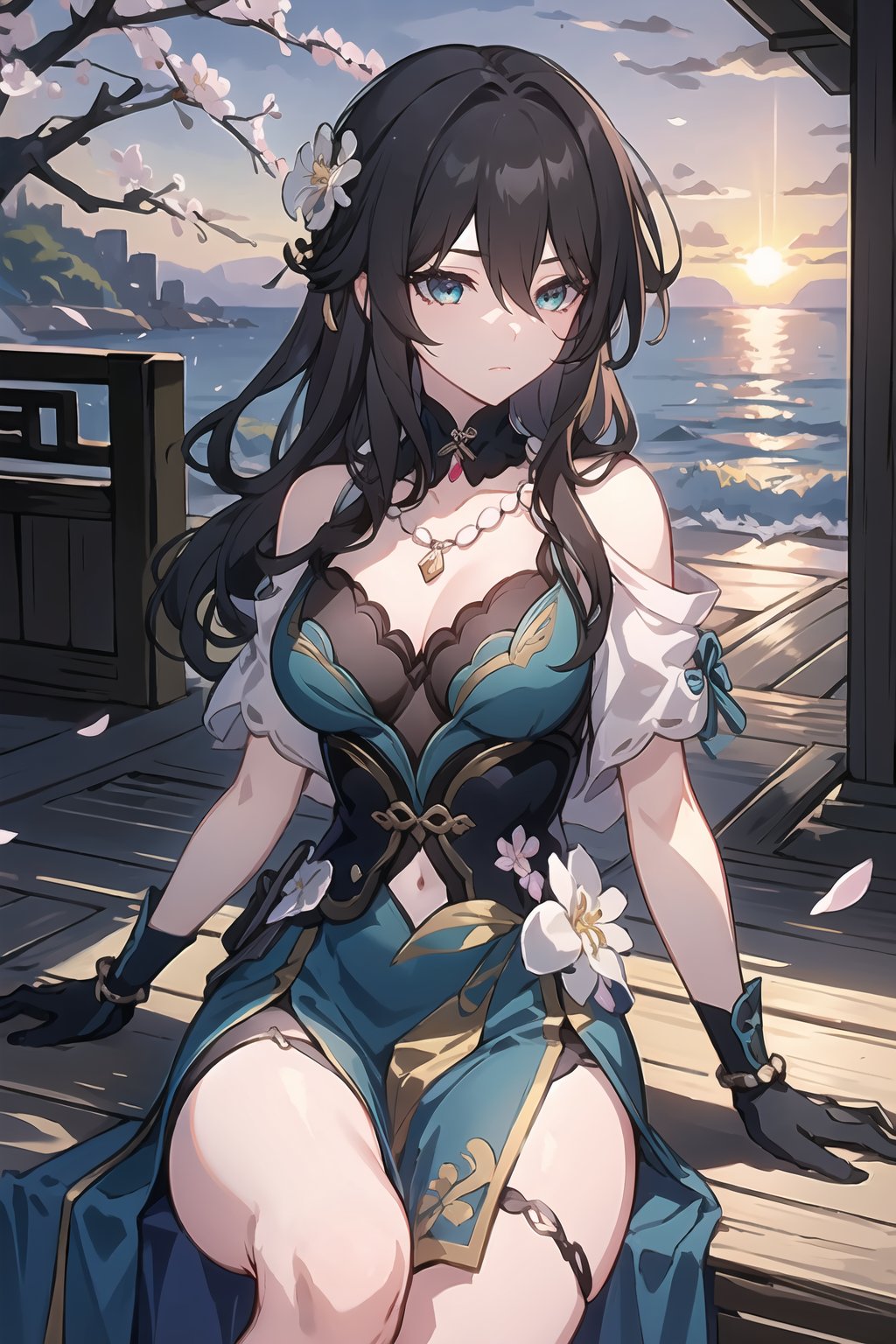 masterpiece,best quality,detialed,ruanmei,ruanmei_official,chinese dress,breasts,long hair,hair between eyes,black hair,bangs,medium breasts,cleavage,hair ornament,thigh strap,white flower,beads,gloves,jewelry,flower,dress,earrings,bare shoulders,blue dress,hair intakes,ruby necklace,black choker,green eyes,blue eyes,<lora:阮梅-0.8-逐辰十七:0.8>,1girl,cherry blossoms,game_cg,Pain,facing away,beautiful purple sunset at beach,intense shadows,