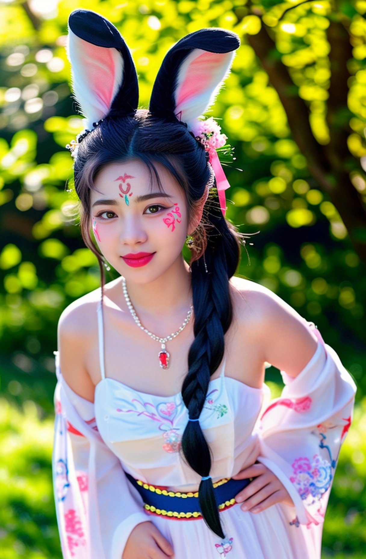 (from front:1.2),photo of (a 18 year-old Chinese woman:1.2) wearing Detailed embroidered (see-through) (Hanfu:1.2) from r/nakedhanfu,(best aesthetic:1.2) and (best quality:1.2) and (photorealistic:1.4) and (Realistic:1.4) and Detailed Skin Textures and detailed skin pores and high skin detail,standing,(arms behind back),long sleeves,<lora:naked hanfuV1:0.7>, <lora:LCM_LoRA_Weights_SD15加速器:0.7>,hair bun and single braid,(Detailed facial features),Look at the audience and Seducing the audience and smiling,makeup,red lips,(looking at viewer and facing viewer) (wearing Detailed hair ornament and Detailed beads,Detailed hair flower,wearing Detailed jewelry,earrings,necklace,(facial mark:1.2),(forehead mark:1.2),(animal ears, fake bunny ears),hair ribbon,flowers,<lyco:film grainV3:0.4>  <lora:detail_slider_v4-增加細節:1>,<lora:增加真實感epiCRealLife:1> Park background, forest, natural light, sunlight