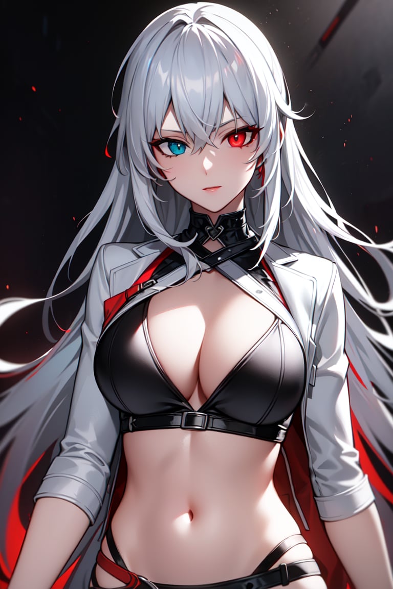 <lora:lucia_v1:1>, ((extreme detail)),(ultra-detailed), hiaroscuro, extremely detailed CG unity 8k wallpaper, masterpiece, best quality, Lucia_Crimson_Weave, heterochromia, black bikini, bandaged arm, white jacket, red goggles around neck, looking at viewer, upper body,  c