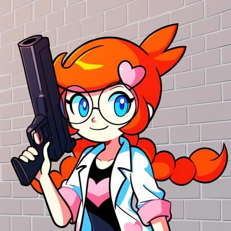 score_9_up, score_8_up, score_7_up, score_6_up, best quality, masterpiece, source_cartoon, detailed background, grey background, bricks, shadows, BREAK 1girl, solo, penny_(\warioware\), large head, orange hair, blue eyes, braids, glasses, pink hairpin, labcoat, black bodysuit, short sleeves, smile, holding gun, <lora:PDXL_Penny_WW:1>