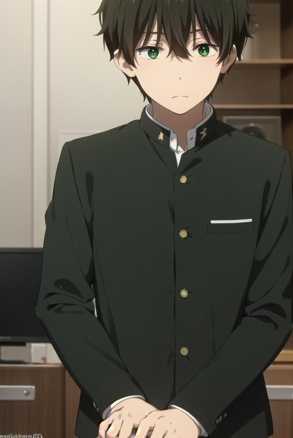 houtarouoreki, <lora:houtarou oreki s1-lora-nochekaiser:1>,houtarou oreki, short hair, bangs, black hair, hair between eyes, (green eyes:1.5), male focus,BREAK school uniform, gakuran,BREAK indoors, classroom,BREAK looking at viewer, (cowboy shot:1.5),BREAK <lyco:GoodHands-beta2:1>, (masterpiece:1.2), best quality, high resolution, unity 8k wallpaper, (illustration:0.8), (beautiful detailed eyes:1.6), extremely detailed face, perfect lighting, extremely detailed CG, (perfect hands, perfect anatomy),