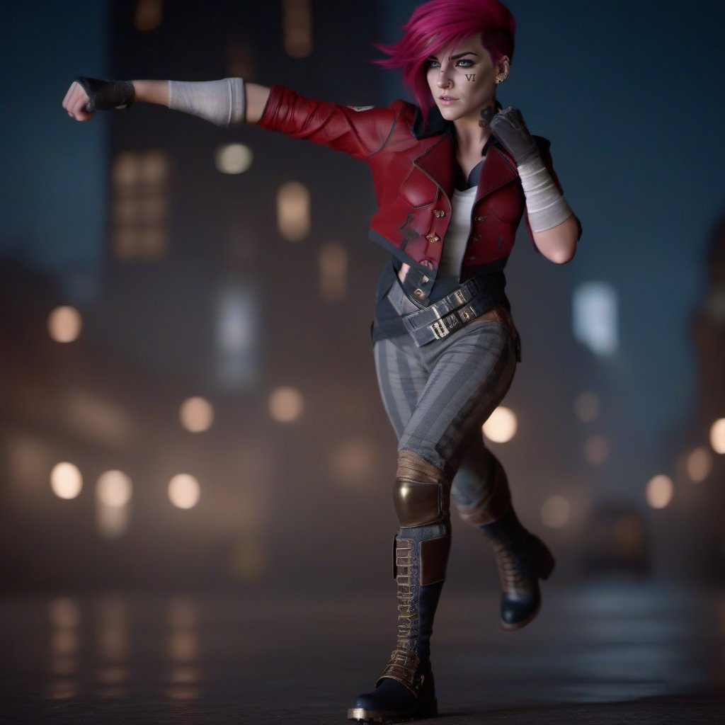 cinematic photo a woman, full body, pink hair, red jacket,  punches, steampunk city background, (((text ''VI'')))  <lora:Vi1024-V2:0.8> . 35mm photograph, film, bokeh, professional, 4k, highly detailed