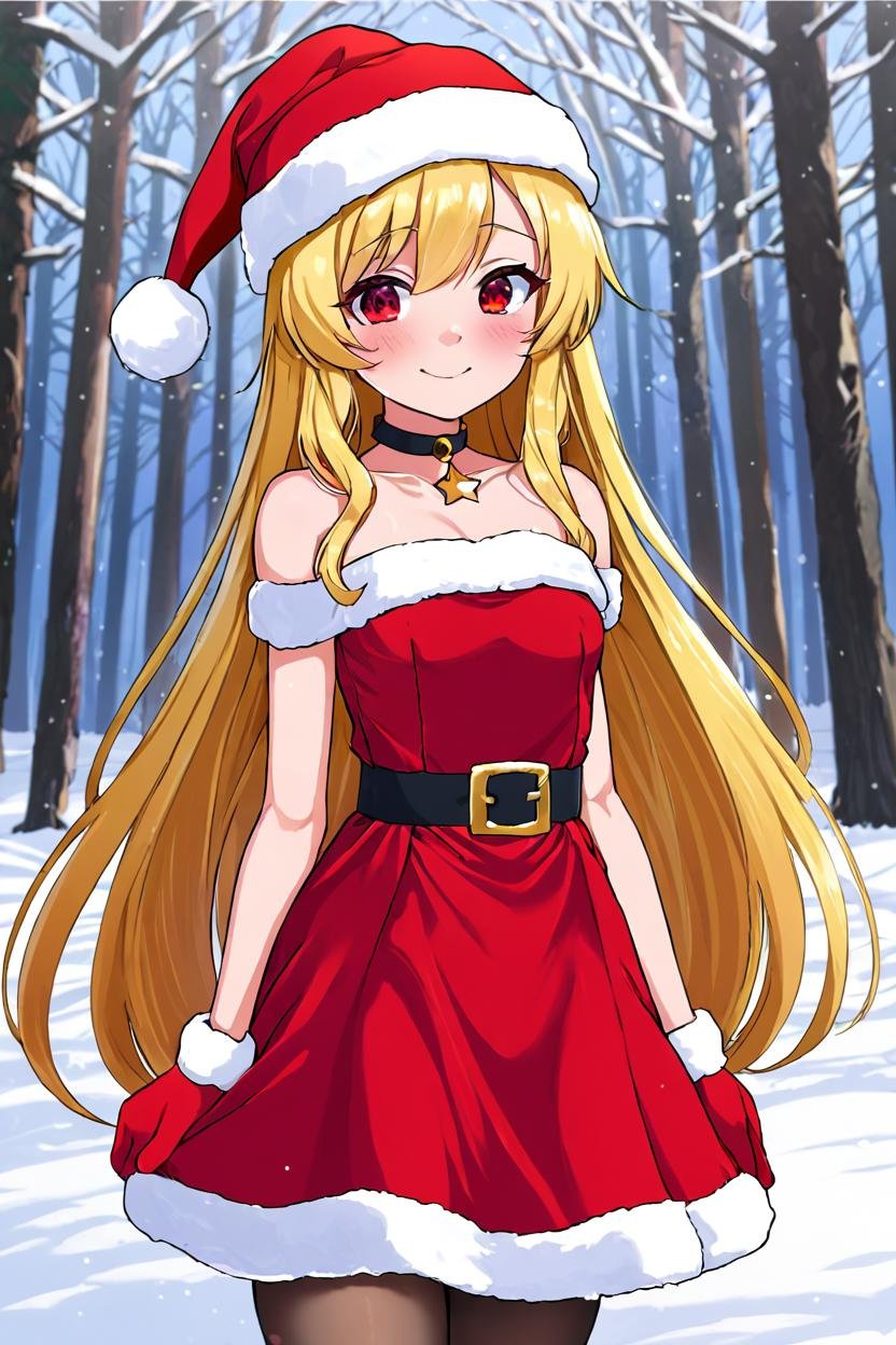 masterpiece, best quality,long hair, blonde hair, wavy hair, red eyes, flat chest, dress, santa hat, choker, smile, arms behind back, portrait, snow, forest, 